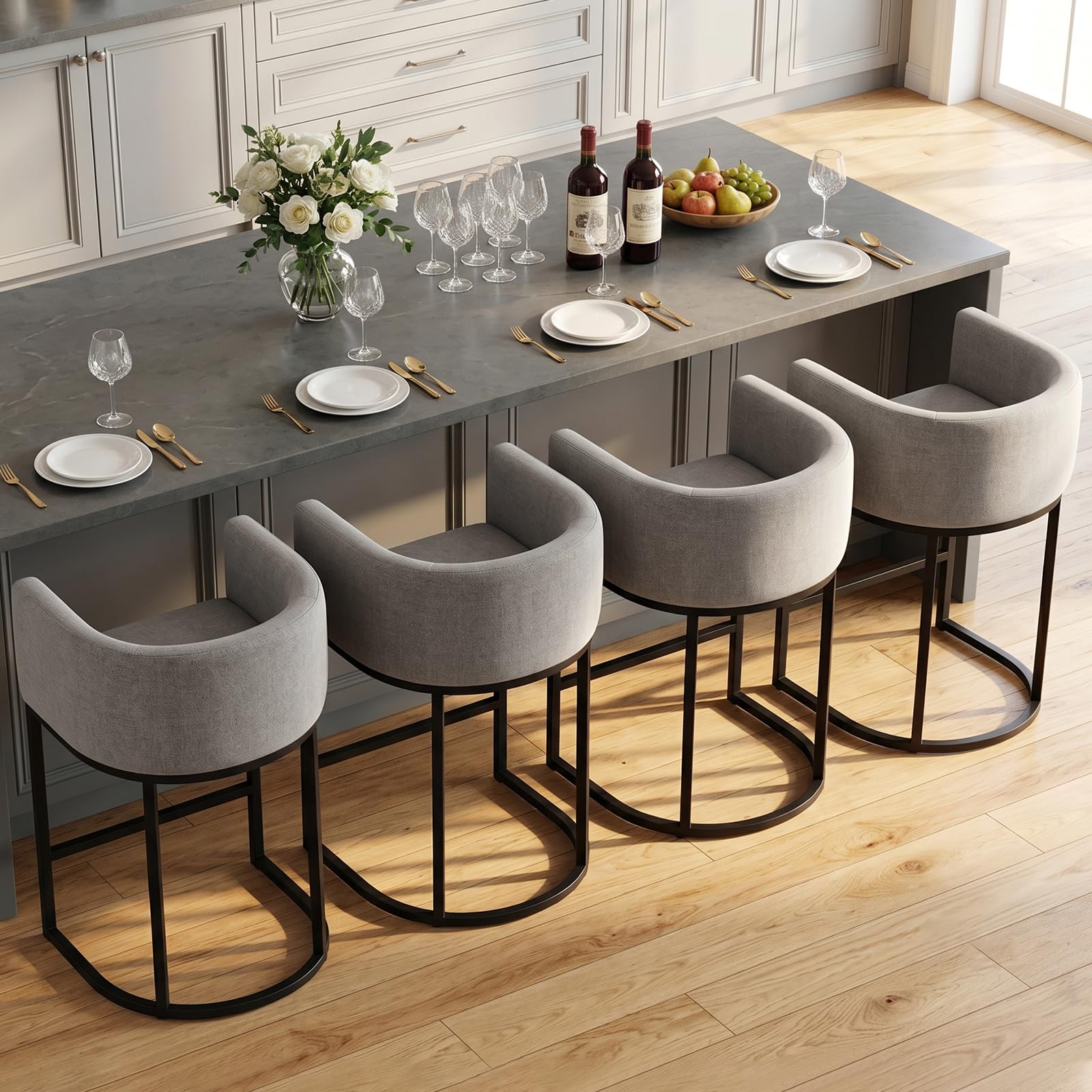 Counter Height Bar Stools Set of 4, 24 Inch Seat Height Barstools for Dining Room, Fabric Upholstered Bar Chair for Kitchen Island, Linen Counter Stools with Metal Legs, Gray