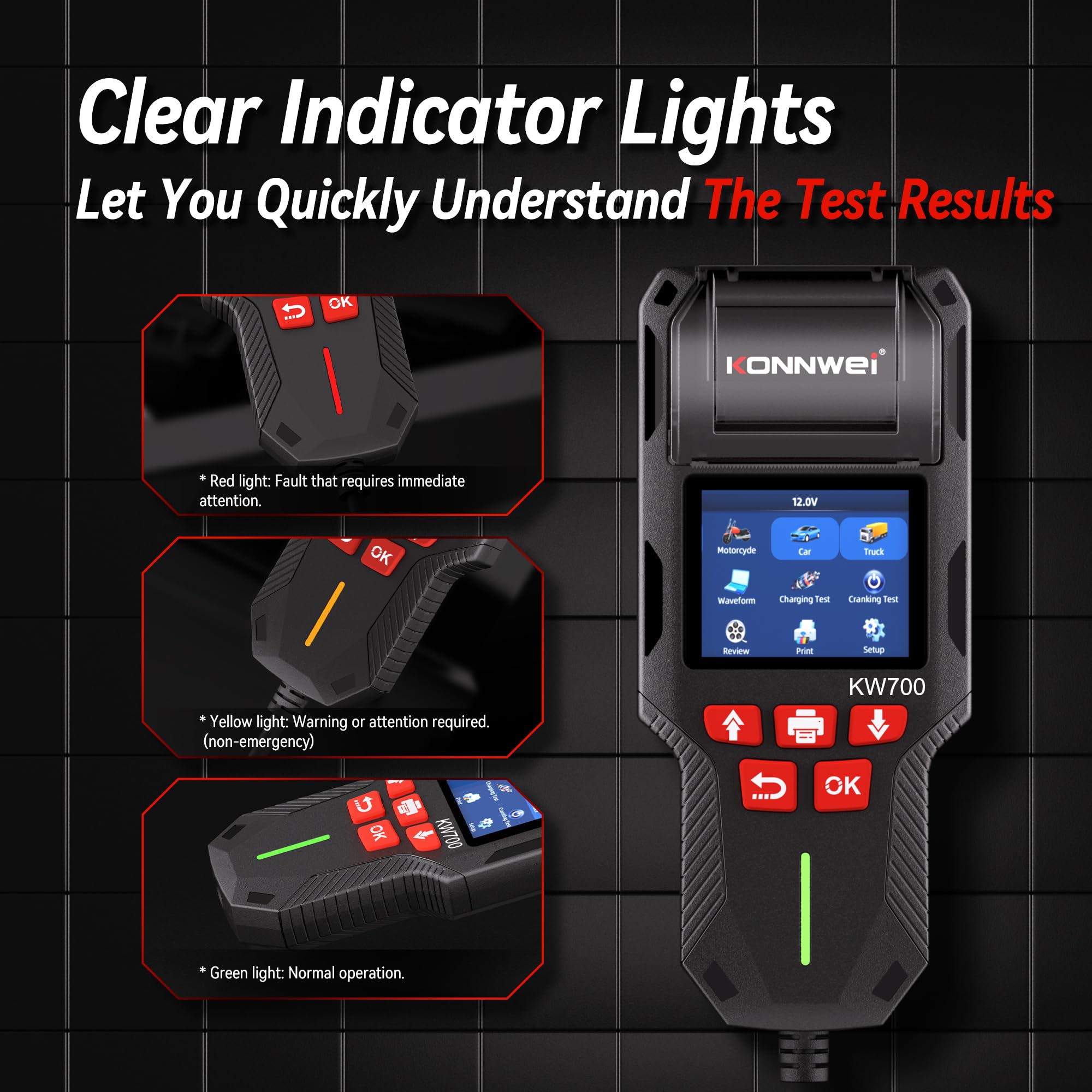 KONNWEI Tester akumulatora samochodowego z drukarką, tester obciążenia akumulatora samochodowego 12 V, 24 V, test rozruchu i ładowania, 100-2000 CCA, analizator baterii, alternator do samochodu