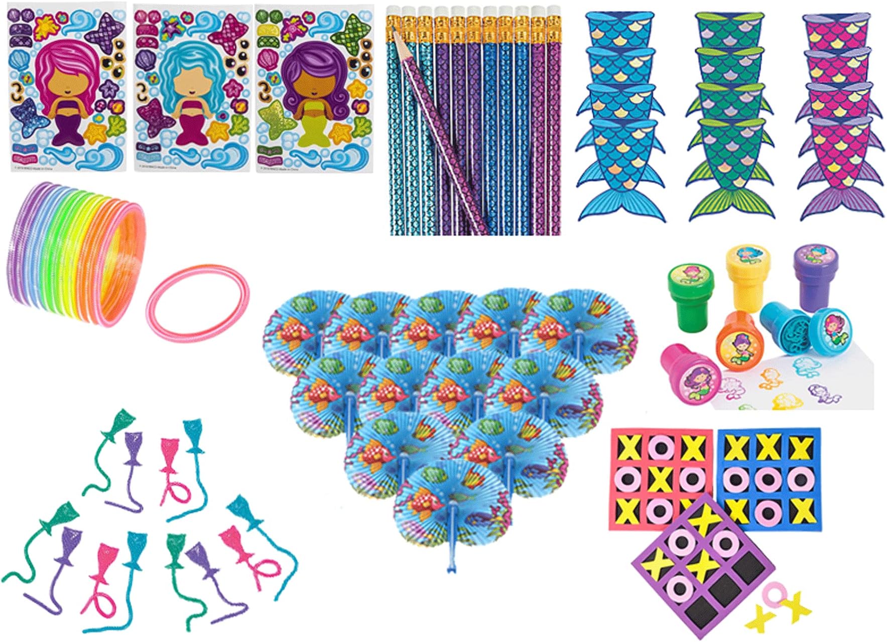 Mermaid Party Favors, Birthday Pack for 12 Kids – 156 Pieces – Novelty Toys – Notebooks, Pencils, Stampers, Make a Mermaid Stickers, Folding Fans, Sticky Tails, Bracelets, Tic-Tac-Toe