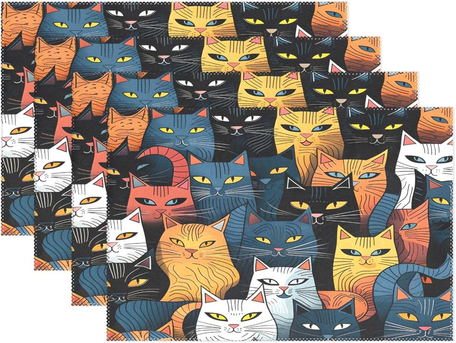 Placemats Set for 6, Dining Table PVC 12x18 Inch Indoor Outdoor Table Mats Heat Resistant Washable Waterproof Vinyl Cat (4) Decorative Placemats