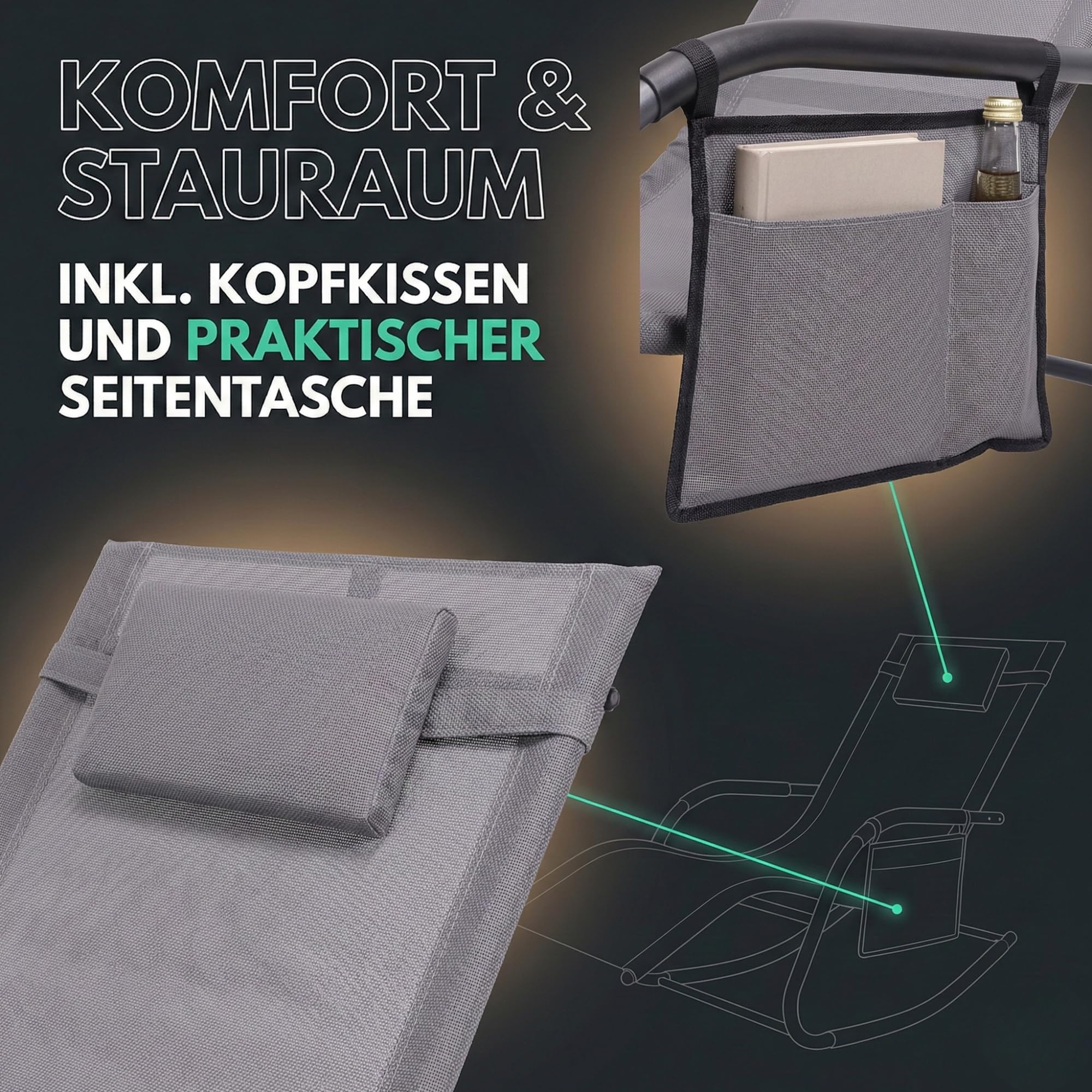 ALBATROS Gartenliege C-Form | Kopfkissen, Seitentasche, 160kg, wetterfest | Relaxliege, Schaukelstuhl, Schwungliege & Sonnenliege, Gartenstuhl, Balkonmöbel Grau, langlebig, für Garten & Terrasse