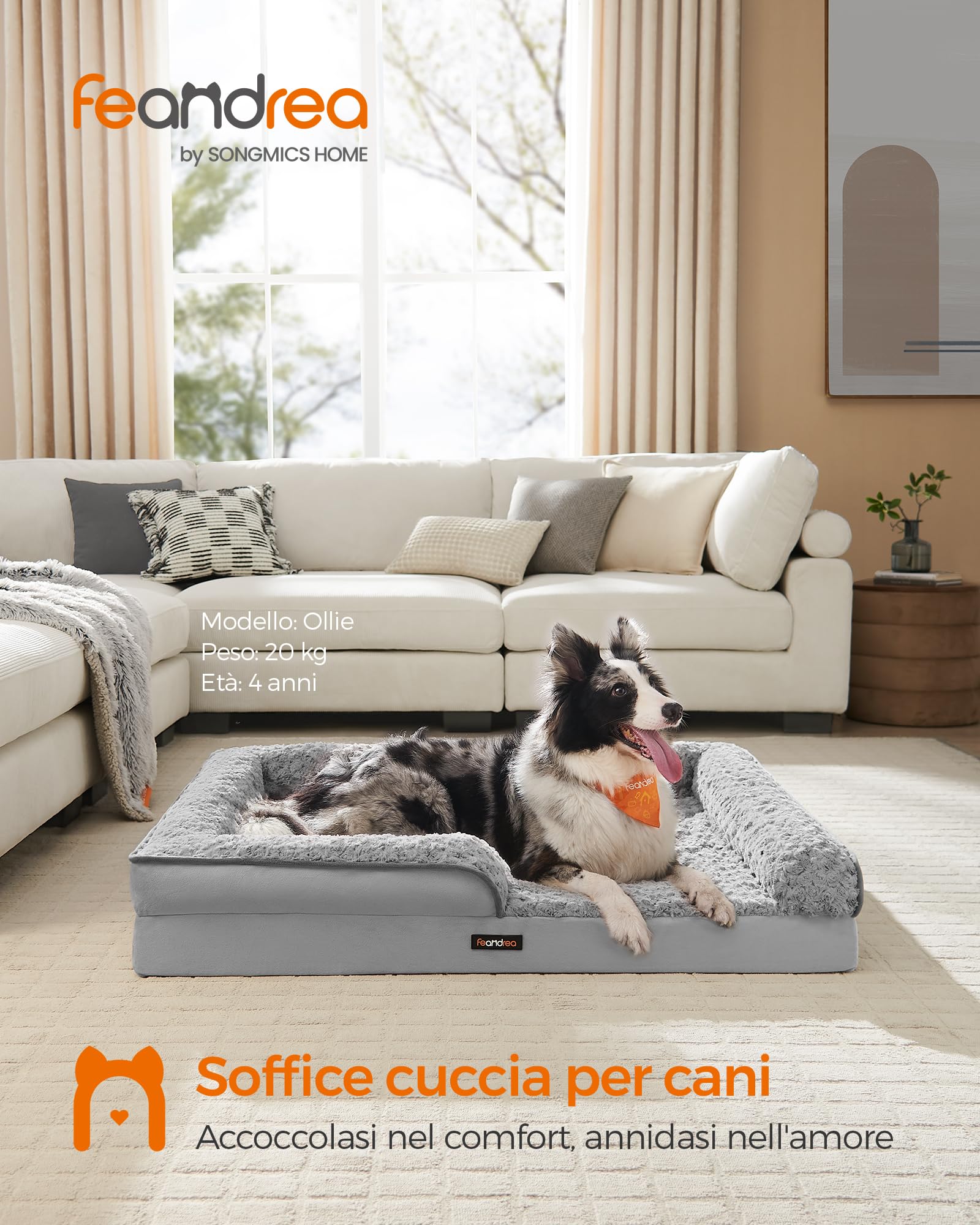 Feandrea Cuccia Cane Interno, Cuccia per Cani, Lettino per Animali, Ortopedico con Gommapiuma Ondulata, Bordi Rialzati, Copertura di Peluche Sfoderabile, 106 x 81 x 18 cm, Grigio Tortora PGW253G01