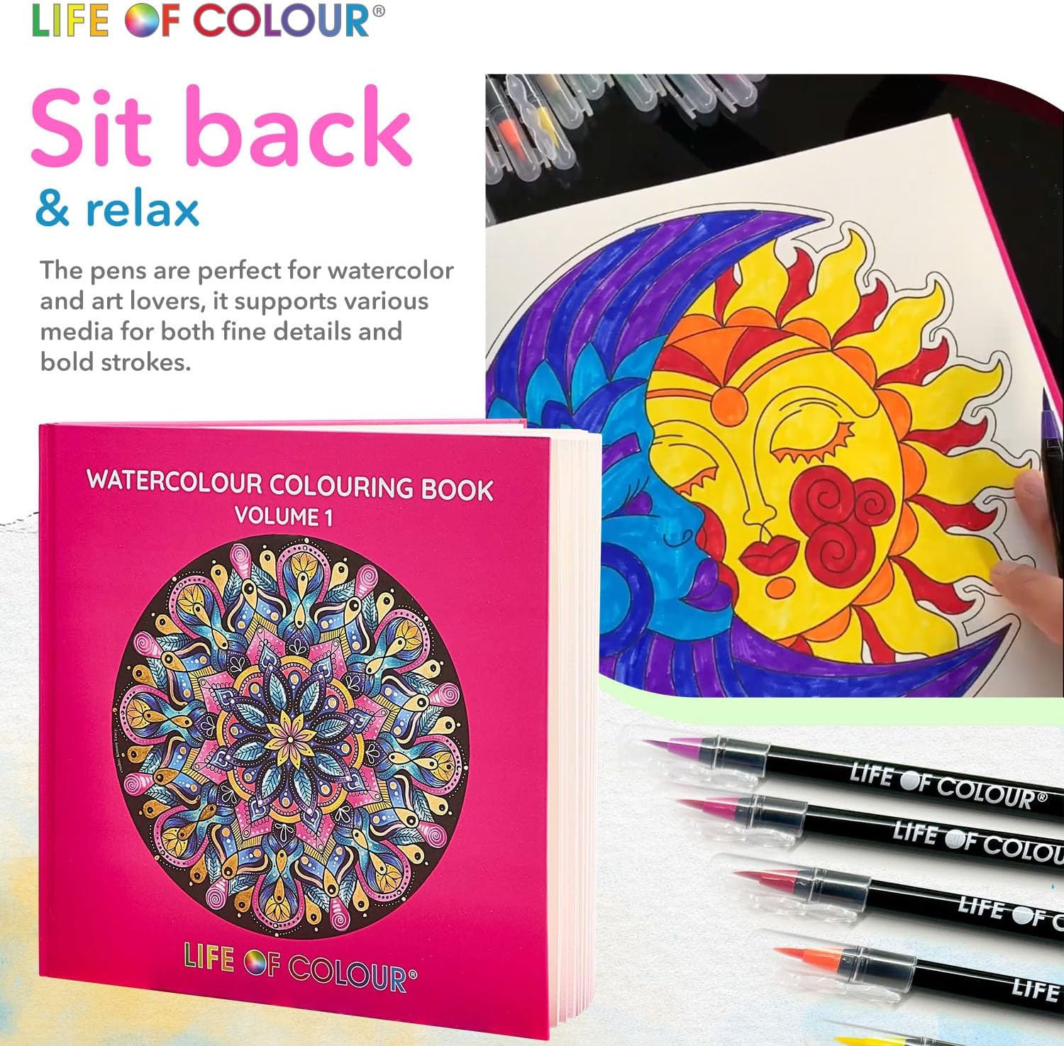 Life of Colour Watercolor Coloring Book – Volume 1, Includes 20 Watercolor Brush Pens + Refillable Water Brush — Watercolor Paint Set for Adults & Teens, Mindful Art and Watercolour Colouring Book Kit