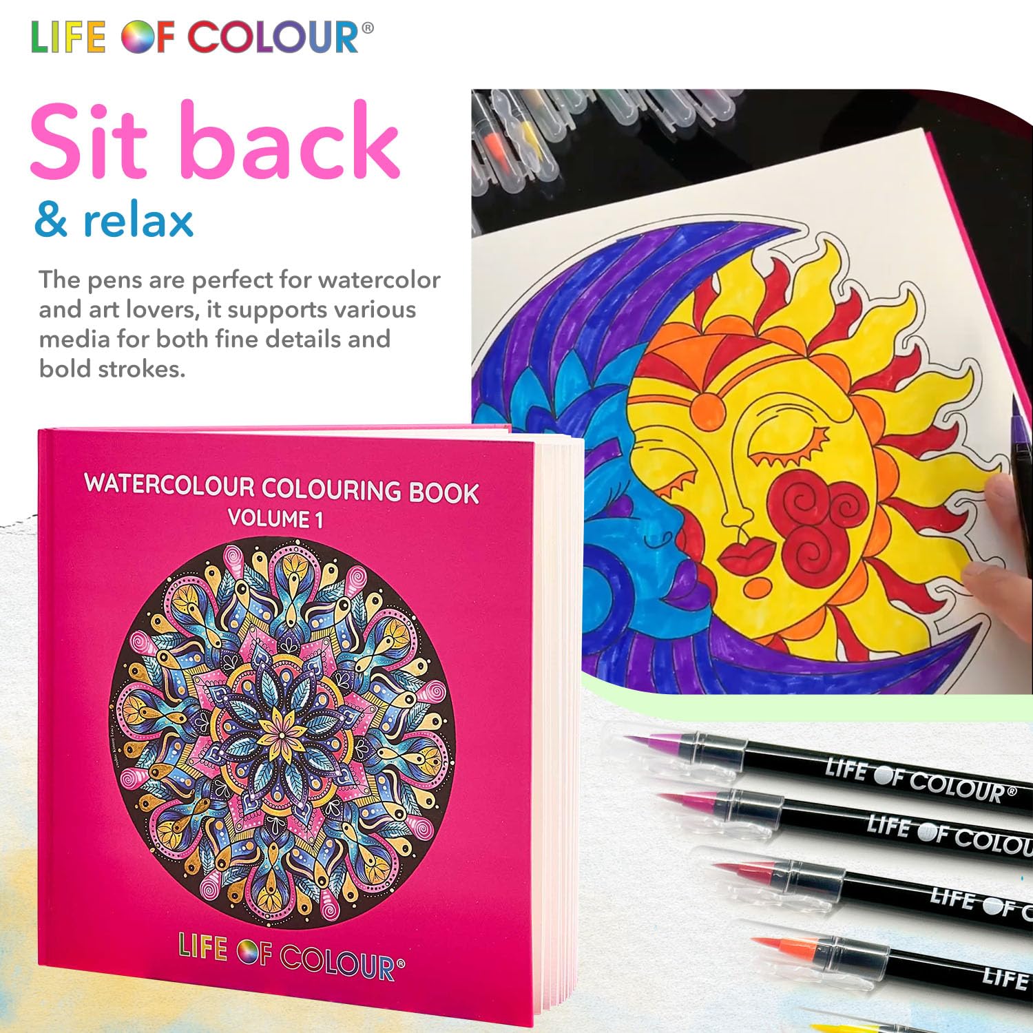 Life of Colour Aquarell-Malbuch – Band 1, inklusive 20 Aquarell-Pinselstiften + nachfüllbarem Wasserpinsel – Aquarellfarben-Set für Erwachsene und Jugendliche, achtsame Kunst und Aquarell-Malbuch-Set