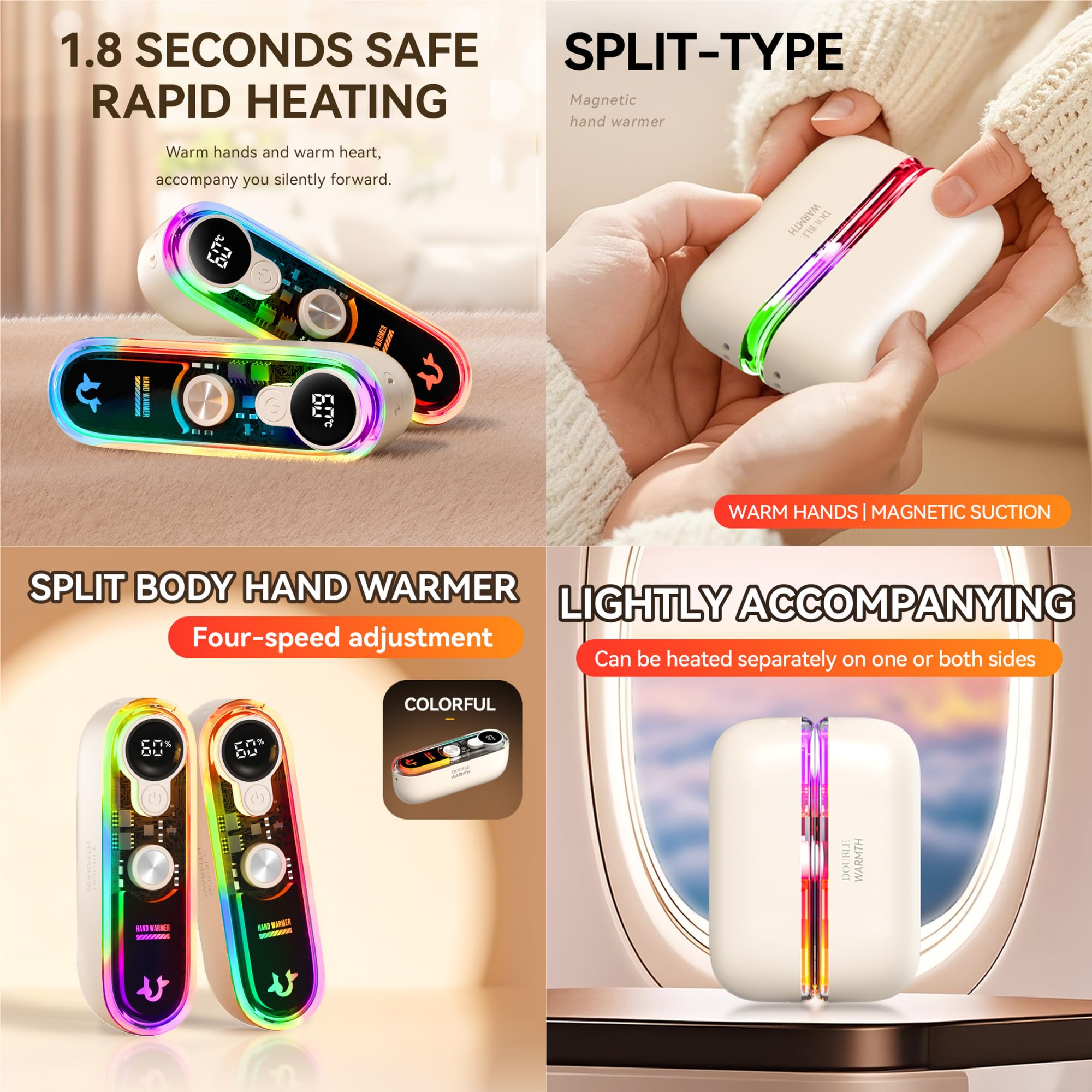 Chauffe-mains rechargeable avec fixation magnétique, 6000 mAh, chauffage double face, 3 réglages (45 °C à 60 °C), charge rapide, design transparent, cadeaux pour Noël, chasse, camping, vert