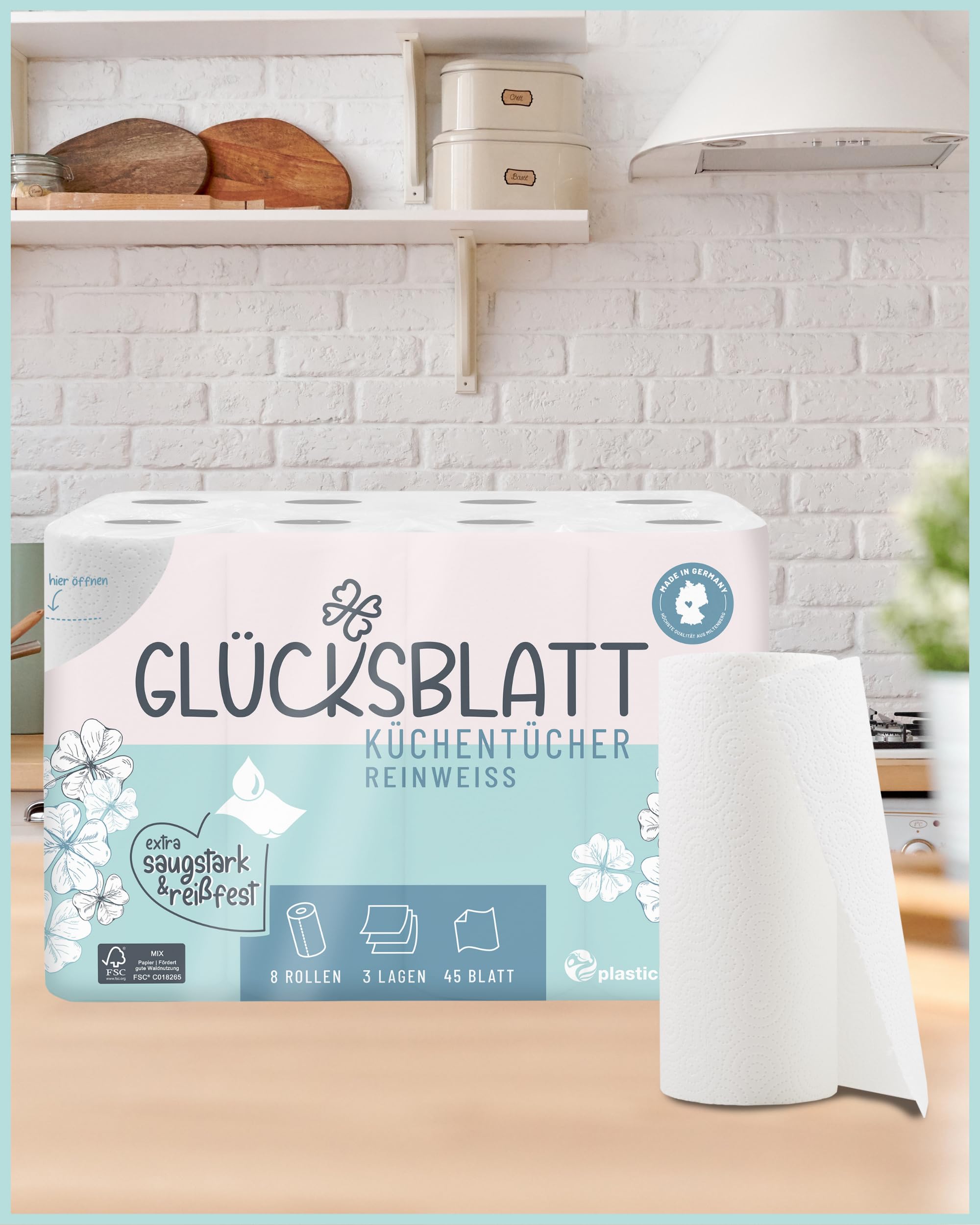 Glücksblatt Küchentücher, 48 Rollen á 45 Blatt, 3-lagige Küchenrollen, 100% Zellstoff, nachhaltig, saugstarke Haushaltsrollen, Allzwecktücher, Papiertücher, Papierhandtücher, Küchenpapier