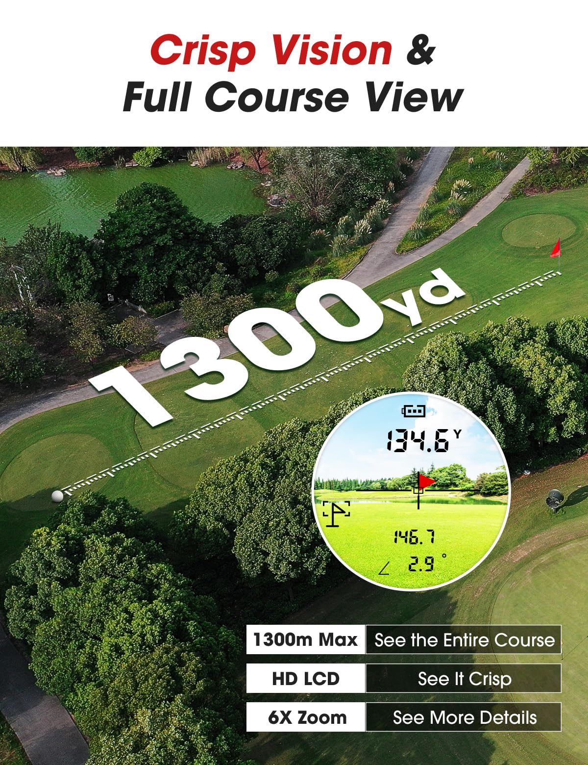 Telemetro da golf con pendenza e magnete, telemetro da 1300 metri per golf, vibrazione di bloccaggio della bandiera, ingrandimento 6-6,5x e LCD HD, telemetro da golf ricaricabile, nero