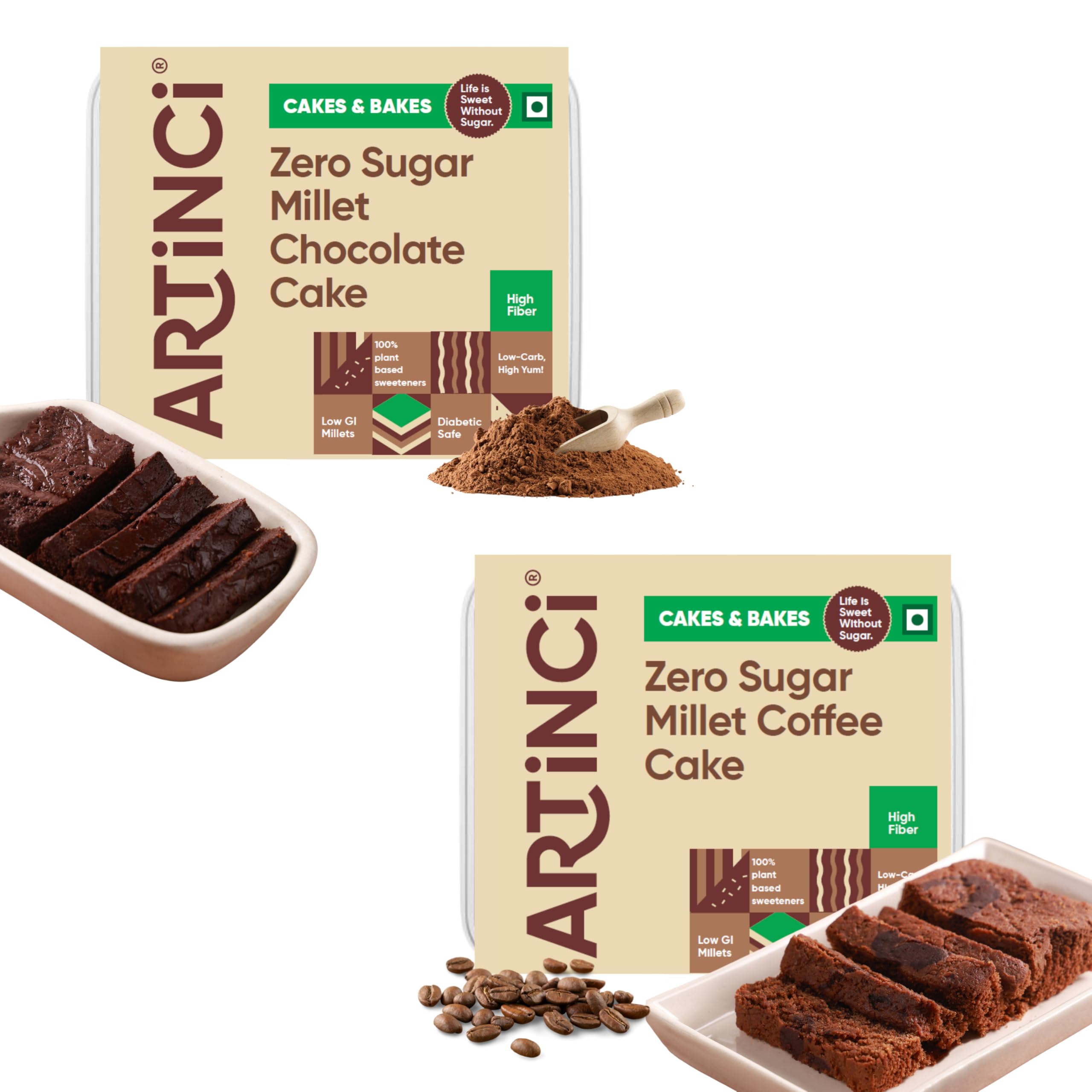 Artinci Eggless Sugar free Chocolate & Coffee Cake Combo Pack (150gm X 2), As Seen on Shark Tank India | Diabetic Friendly with Protein & High Fiber