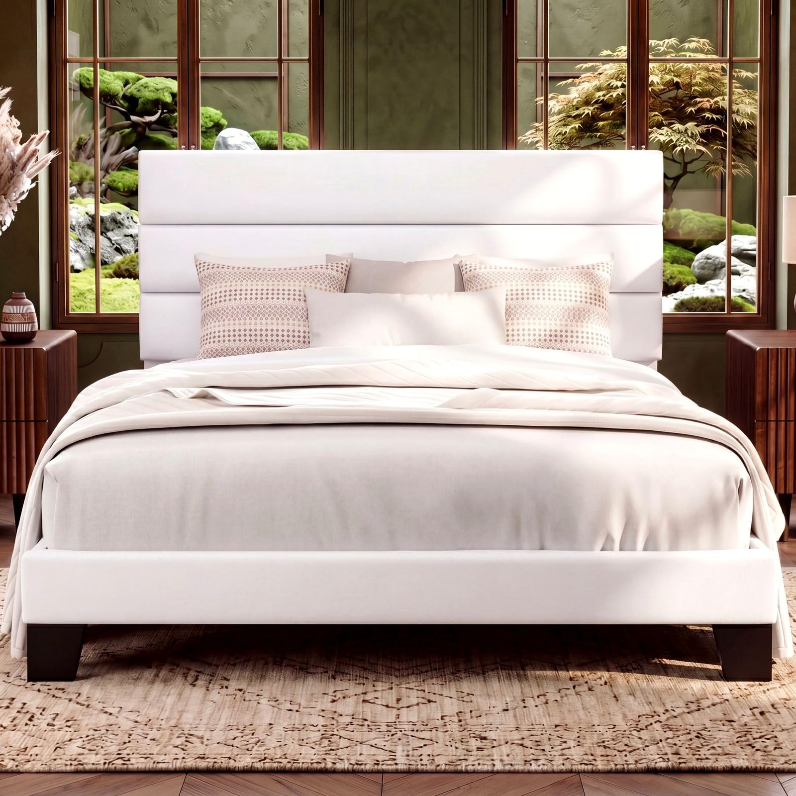 Allewie Full Size Platform Bed Frame with Velvet Upholstered Headboard | Wooden Slats Support, Fully Upholstered Mattress Foundation, No Box Spring Needed, Easy Assembly, Noise-Free, White