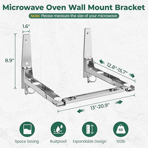 Miniatura 5 de EsLuker.ly Soporte universal de acero inoxidable para horno de microondas con ganchos extraíbles, brazo ajustable plegable para cocina, soporte
