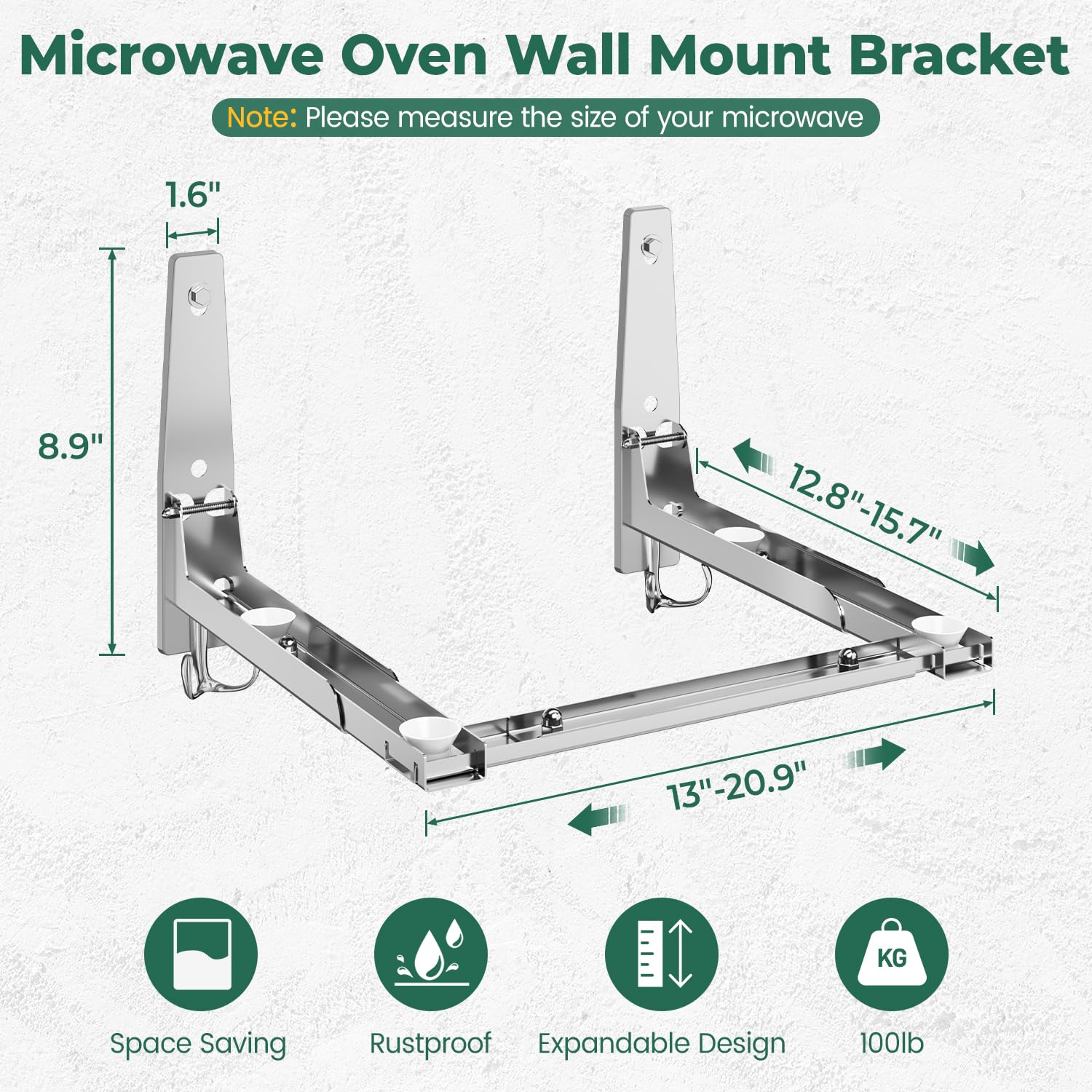 EsLuker.ly Soporte universal de pared para horno de microondas de acero inoxidable con ganchos extraíbles, brazo ajustable plegable para cocina, soporte para horno elástico, carga de 100 libras