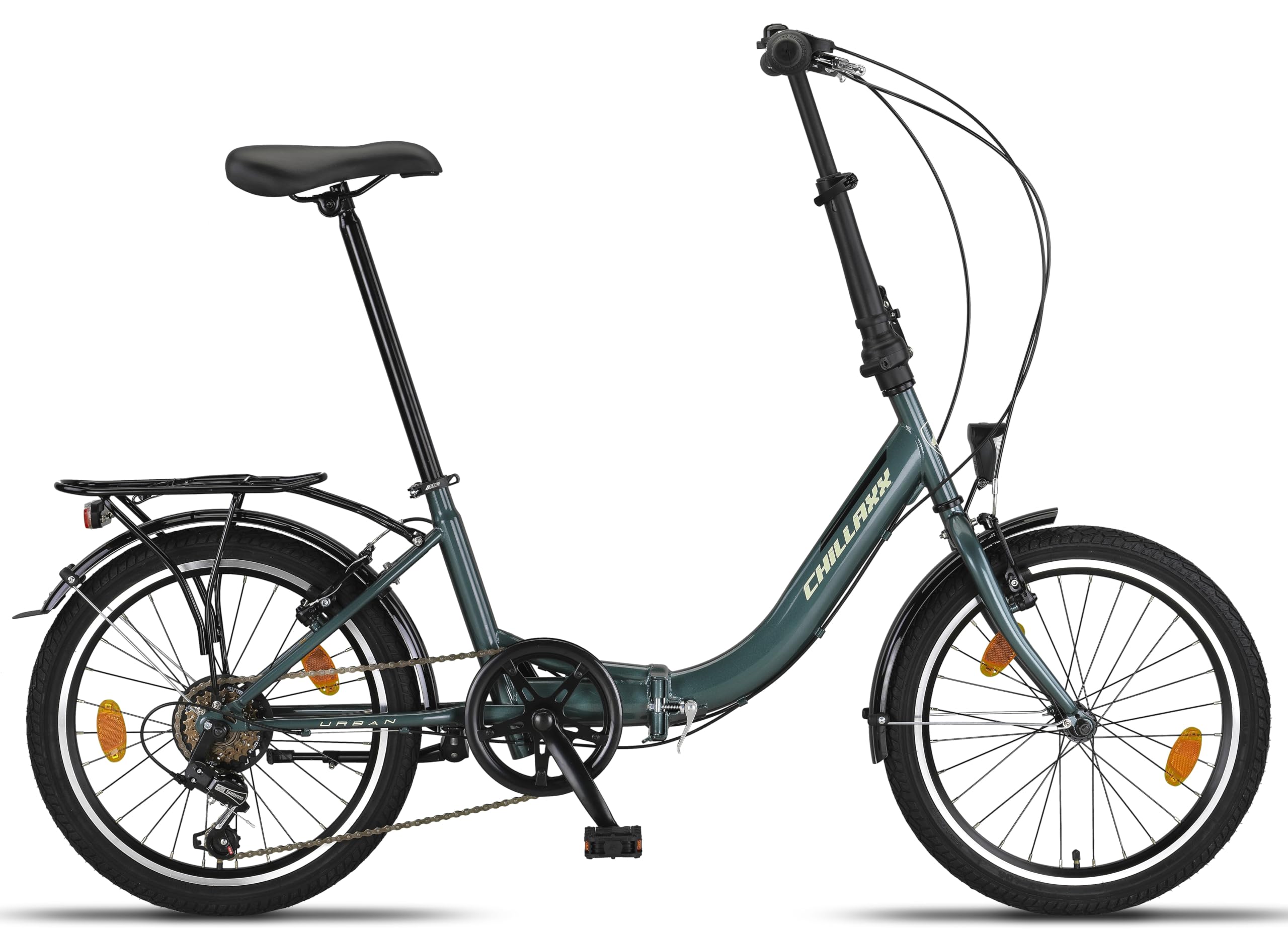 Chillaxx Bicicleta Urban de 20 pulgadas, bicicleta plegable, cambio Shimano de 6 velocidades, luz LED de batería, sistema de plegado rápido, bicicleta plegable