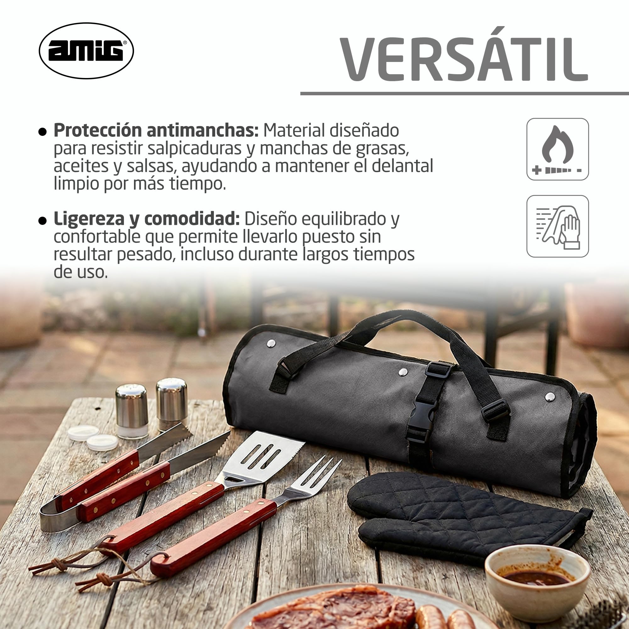 Amig - Delantal Barbacoa con 7 Accesorios - Acero Inoxidable - Set Utensilios BBQ - con Bolsillos - Accesorios Prácticos y Presentación Cuidada para Regalo - Mod. AM17