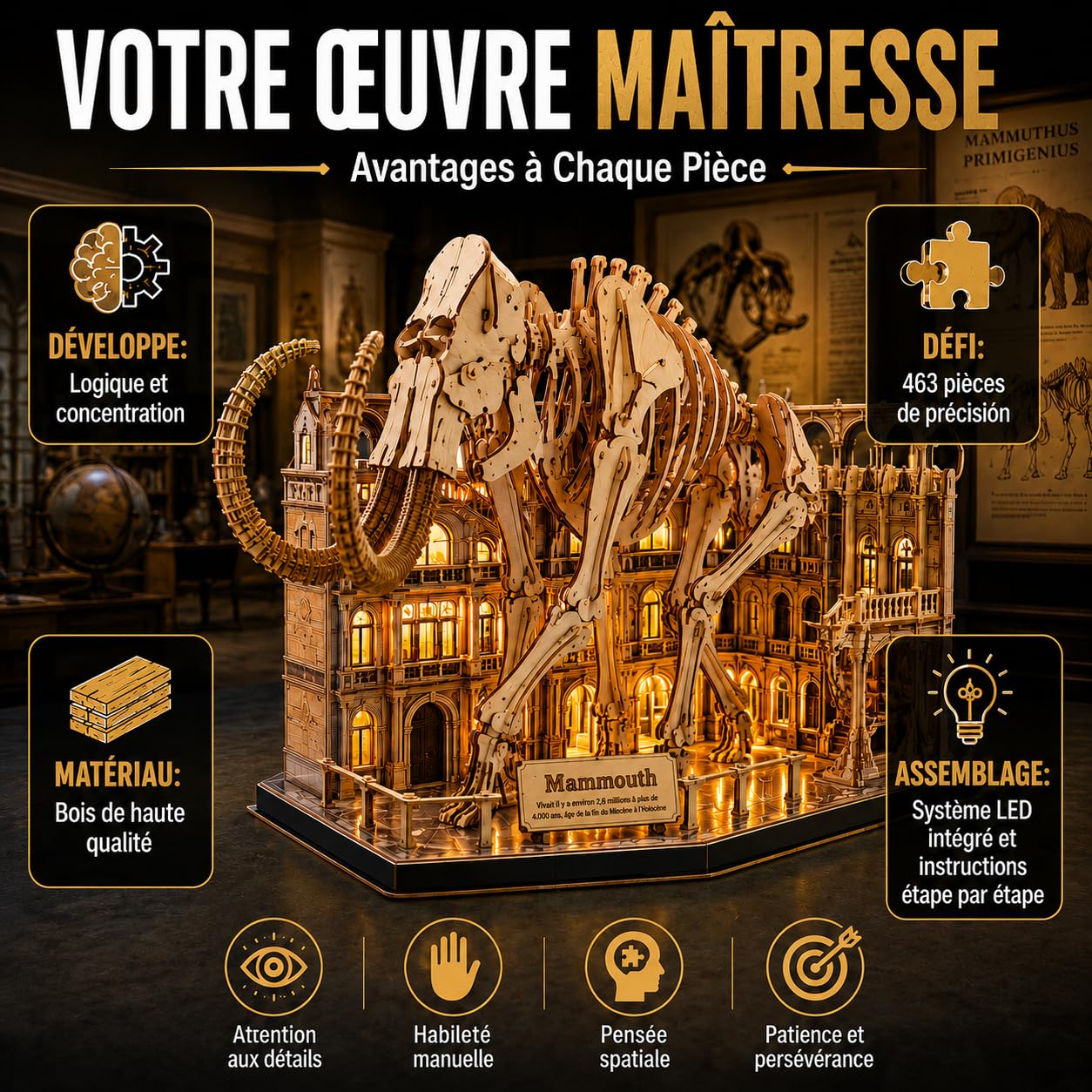 Puzzle 3D Bois Mammouth Museum LED | Puzzle 3D Squelette Préhistorique à Construire avec Lumière | Maquette en Bois DIY 464 Pièces | Construction Adulte et Enfant | Casse-Tête 3D Décoratif