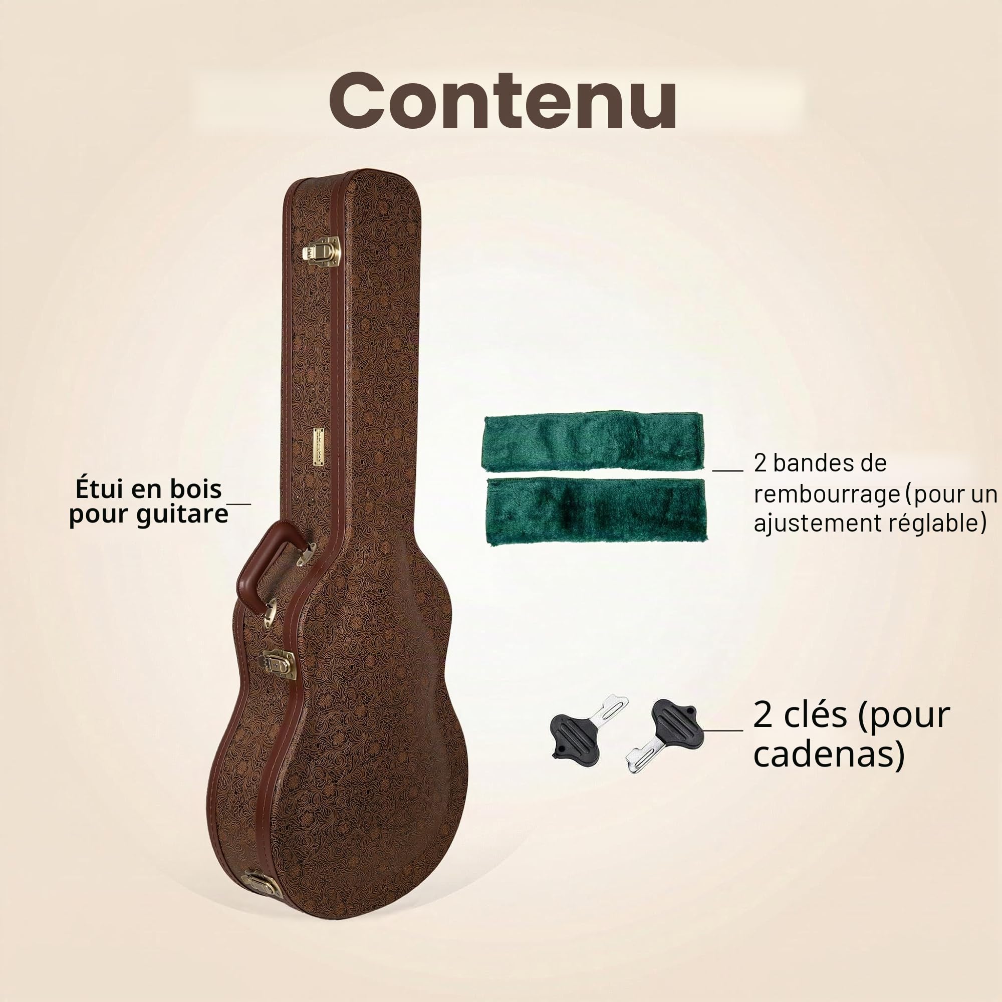 Crossrock Étui Rigide en Bois pour Guitare Classique 4/4 | Finition Cuir synthétique Blossom Brown, intérieur Velours Vert forêt, Serrure – Designer Series