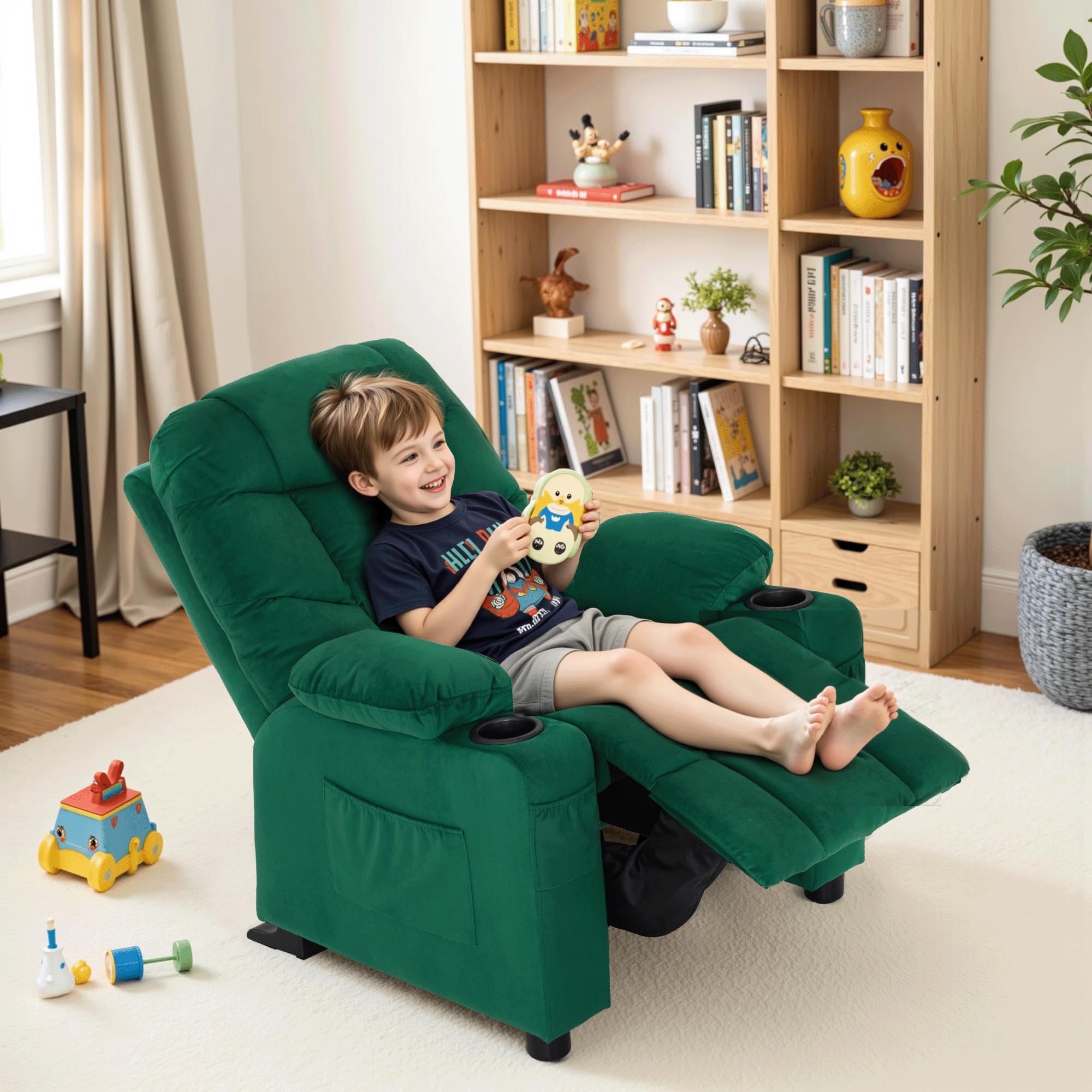 MCombo Big Kids Recliner for Ages 3+, Child Reclining Chair, Toddlers Recliner Sofa with Cup Holders (Velvet, Green)