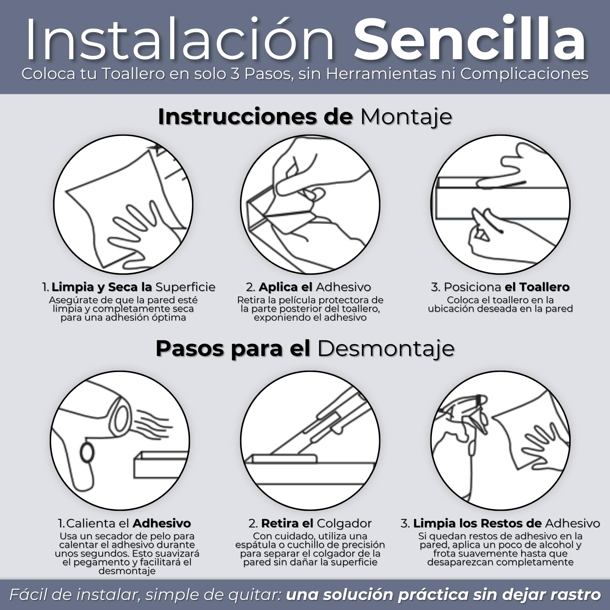 Toalleros De Baño Sin Taladro Adhesivo 26 cm, Acero Inoxidable 304 Cepillado, Accesorios Sin Taladro para Baño y Cocina, Fuerte Fijación