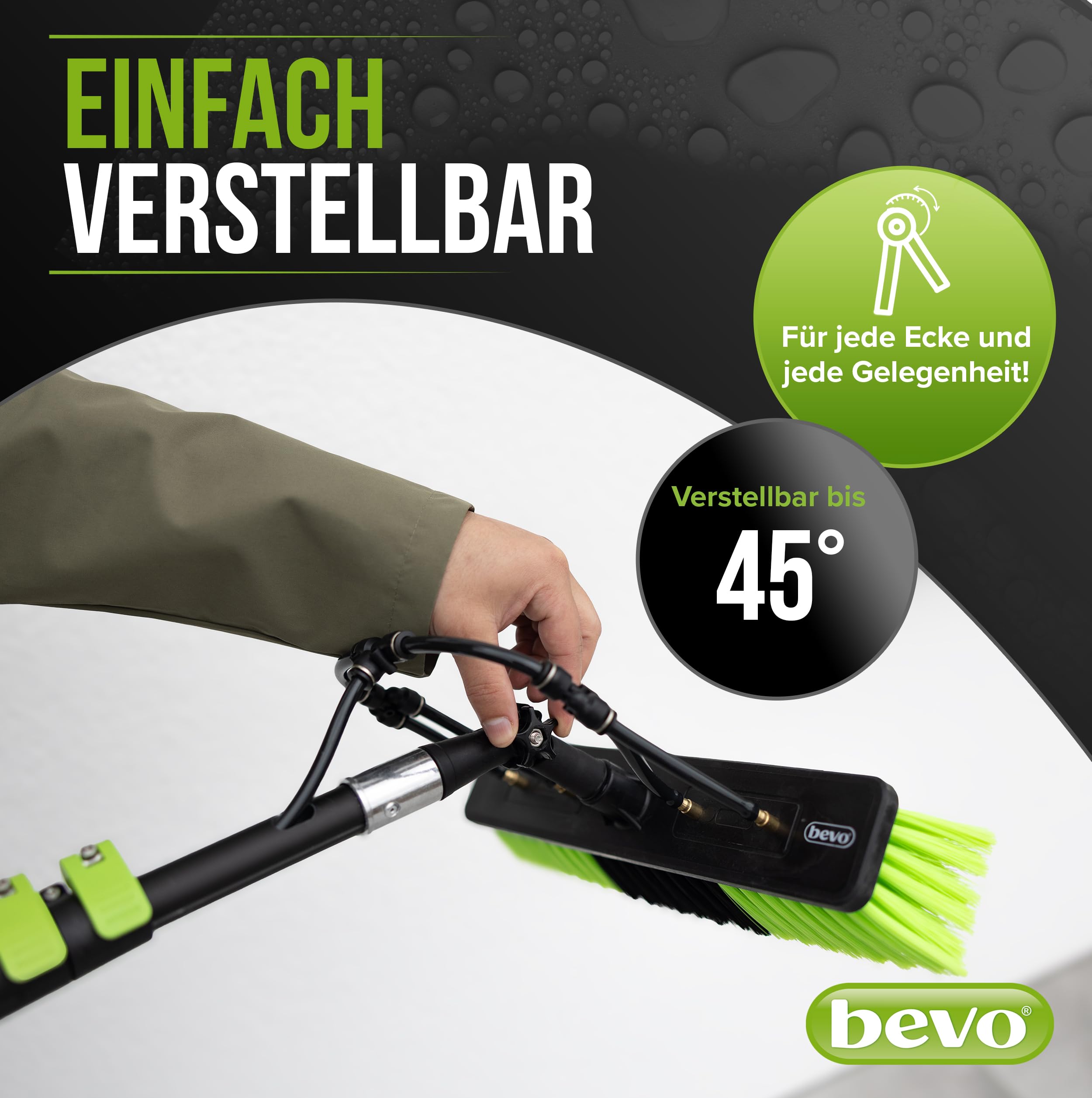 bevo - 4in1 Teleskop Waschbürste 7,2 M für Photovoltaik, Fenster, Wohnmobil & Dach-Reinigung - Teleskopstange & Teleskopbürste Reinigungs-Set mit Wasseranschluss, Reinigungs-Bürste & Wischer PV Anlage