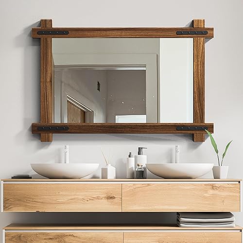 Miniatura 4 de YOSHOOT Espejo de baño de madera de granja, espejo de pared rústico de 48 x 30 pulgadas, espejo de tocador de esquina redonda para decoración,