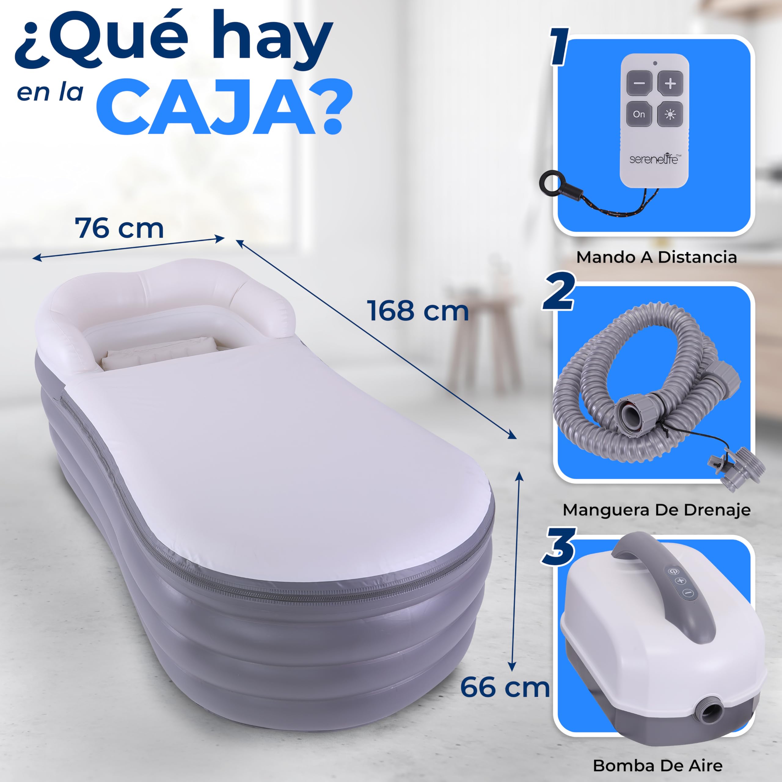 SereneLife bañera hinchable adulto, Con respaldo y reposabrazos, Inflable, Con hidromasaje y colchoneta de burbujas, Incluye cojin, Portavasos y mando para luces LED