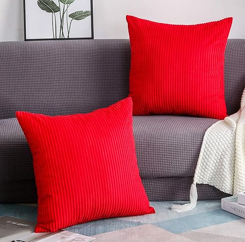 TangDepot, Juego de 2 fundas de almohada decorativas de pana a rayas de terciopelo sólido a rayas (14 x 14 pulgadas, 2 piezas, color rojo A80)