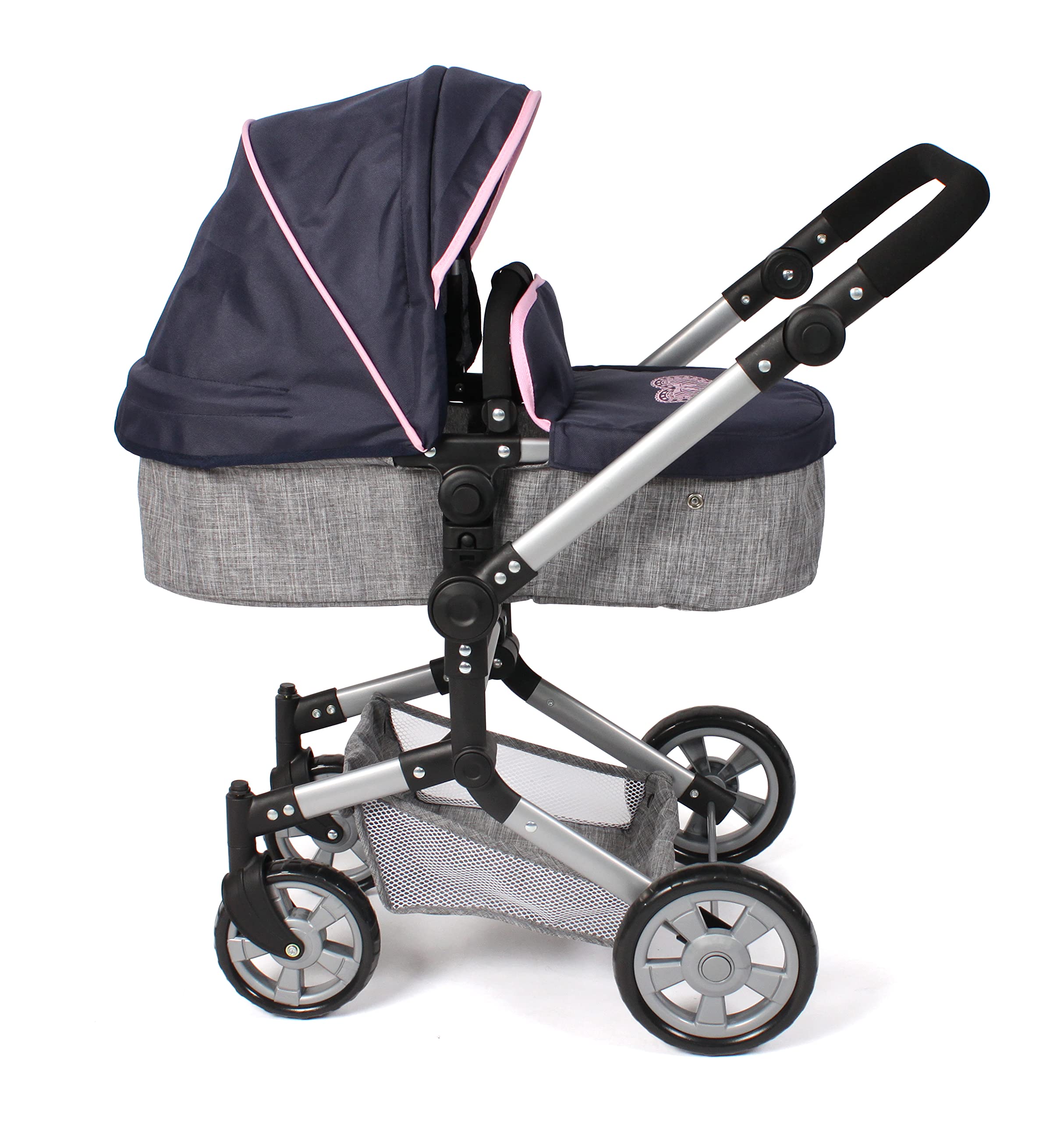 Bayer Chic 2000 Puppenwagen Linus | 2in1 Kombi-Buggy Melange Grau-Navy | Großer 2in1 Kombi-Puppenwagen mit umwandelbarer Wanne für Puppen bis 52 cm. Melange Grau-Navy, hoher Griff 47-78 cm.