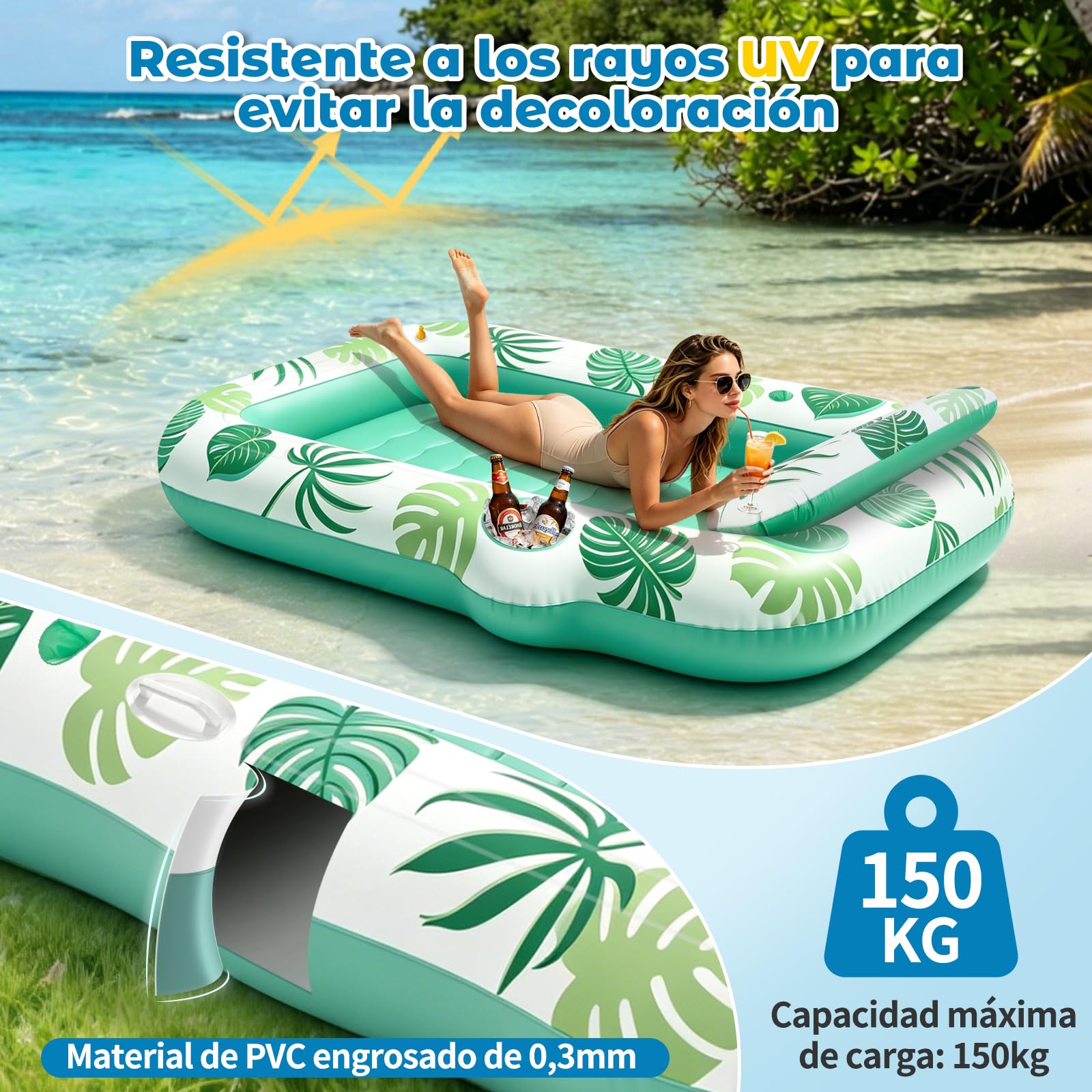 JONRRYIN Colchoneta Piscina Adultos, Tanning Pool con Función de Rociado y Portavasos, Colchoneta Hinchable 215×150 cm, Hamaca Hinchable Flotador para Playa y Agua