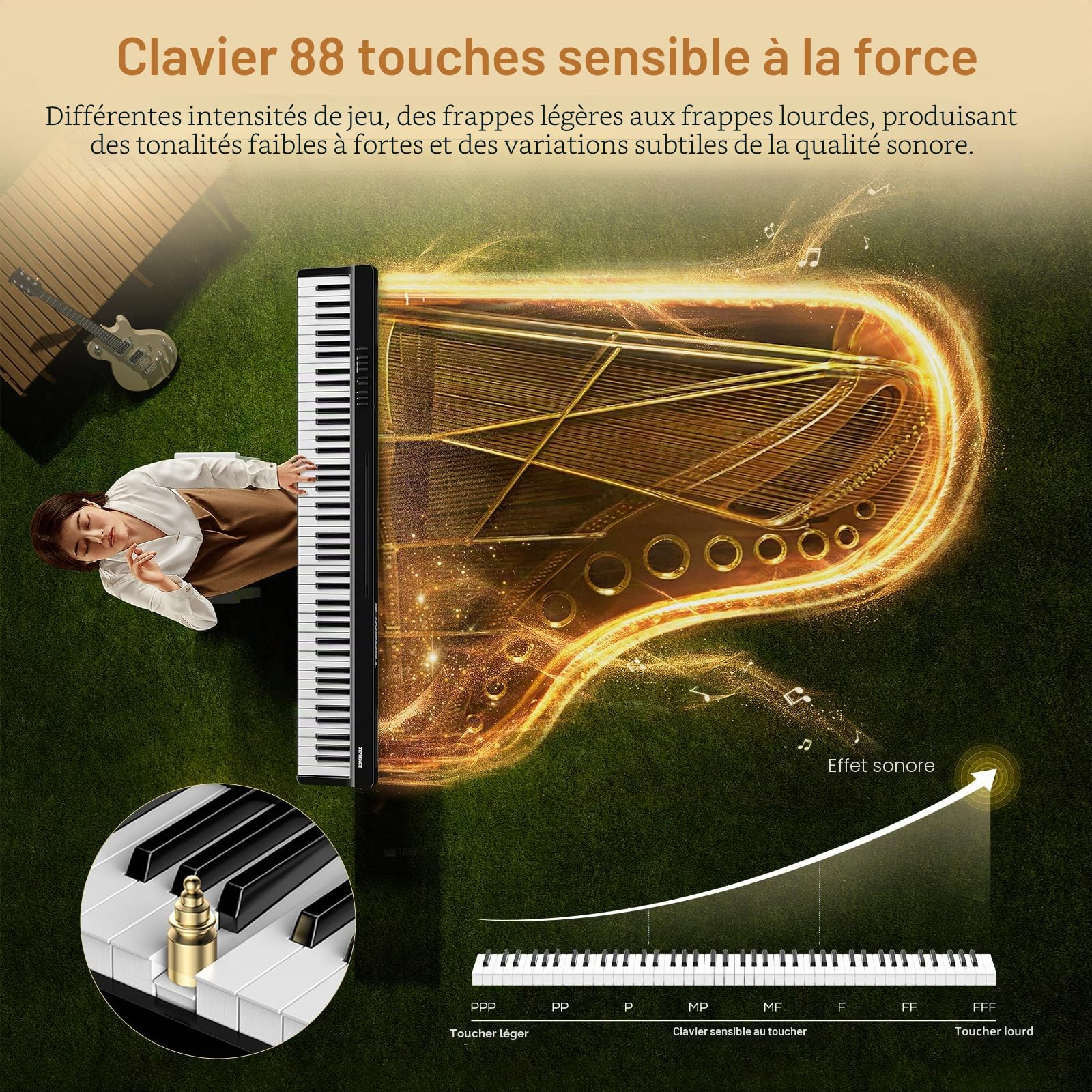 TERENCE Piano Numérique 88 Touches, Piano Portable avec Clavier semi - pondéré, avec Enregistrement et Support Bluetooth, avec Pédale et Haut-parleur à 4 unités, Choix Préféré pour les Débutants noir