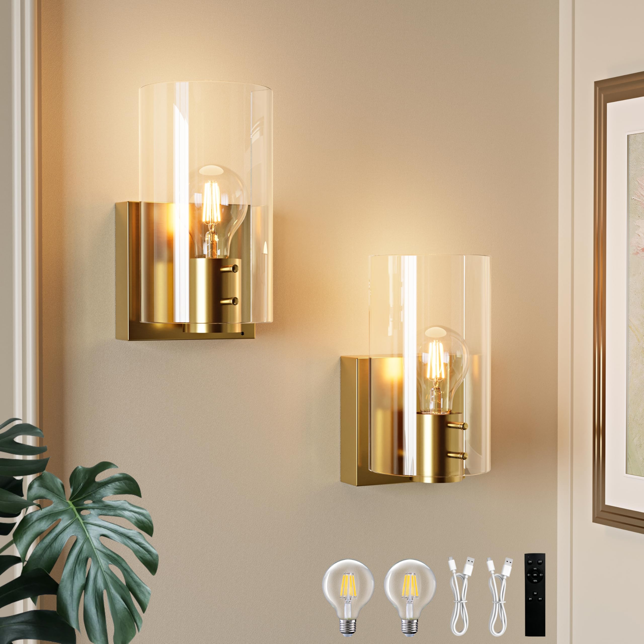 Photo 1 of Morauroral Gold Battery Operated Wall Sconces Set of Two, Rechargeable Wall Sconce with Dimmable Remote, Indoor Wall Lights Warm Light for Living Room Bedroom with Glass Shade (Bulbs Included)