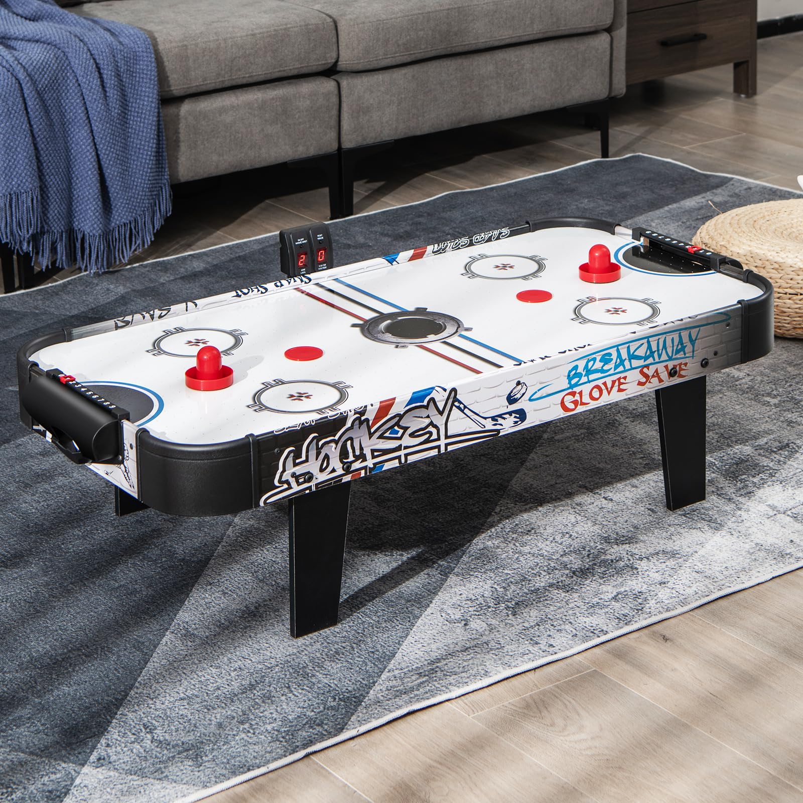 HOMASIS Mini Mesa de de Juego para Airhockey, Mesa de Hockey de Aire con Marcador LED electrónico, Juguete Juego con 2 Discos, 2 Asas y 2 dianas para niños y Adultos, 107x56x30cm, Negro