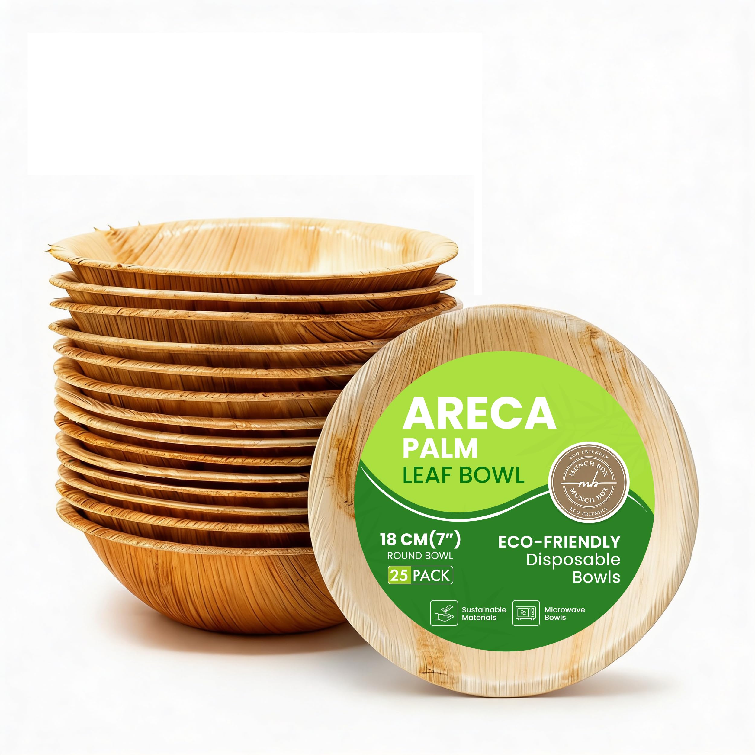 MUNCH BOX Disposable Bowls, 7” Round Areca Palm Leaf Bowl, Biodegradable & Compostable – Eco-Friendly Microwave Bowls Like Wooden, Bamboo Bowls for Party, Hot Food, Soups, and Events (25 Pack)