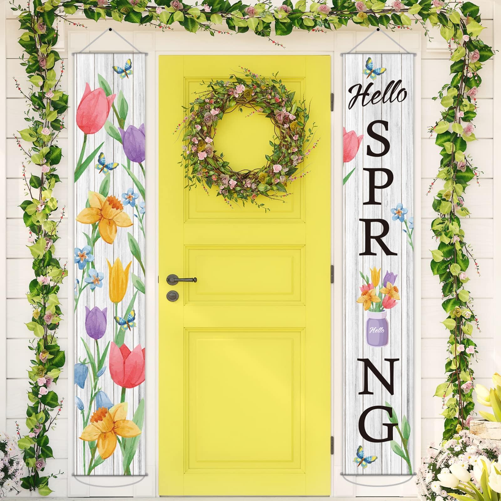 Hello Spring Floral Porch Sign Watercolor Flower Butterflies Banner Door Sign Decorations Vintage Spring Grow Flowers Hanging Door Banner for Front
