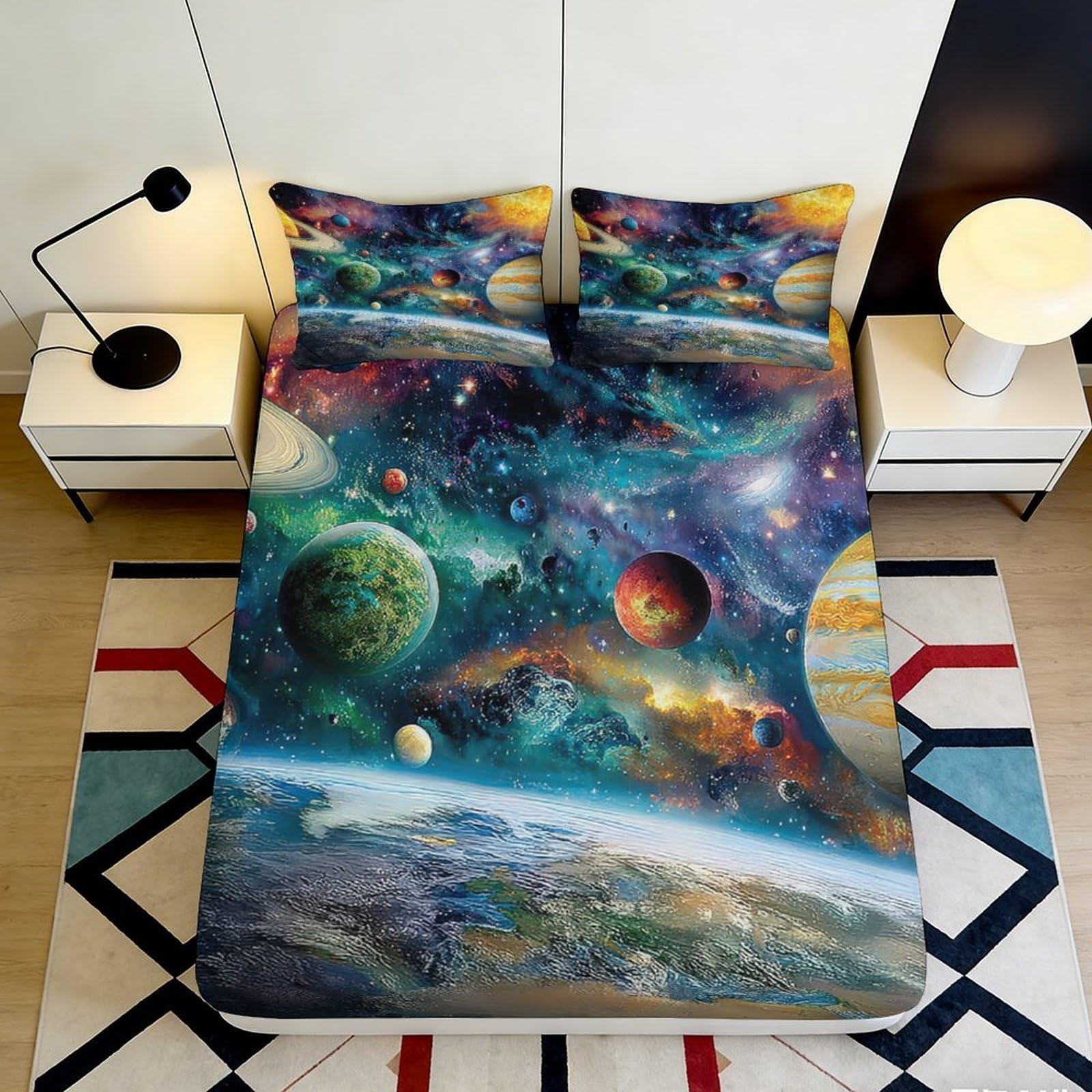 3D Printed Galaxy Starry Sky Fitted Sheet Microfiber Bedroom Decor Cosmic Nebula Mattress Cover Breathable Machine Washable 180x200x25cm