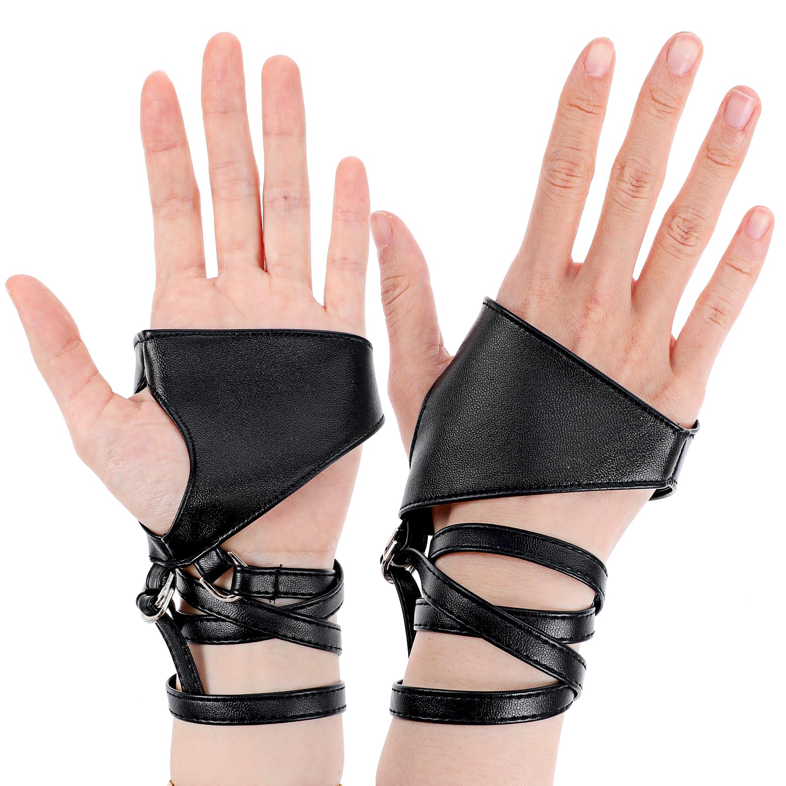 YmapincBlack Fingerless Leather Gloves for Women, Punk Goth Adjustable Sexy Lace-Up, Fashion Cool Half Palm Design for Band Rock Guitar Motorcycle Riding Costume Party(PU Leather)