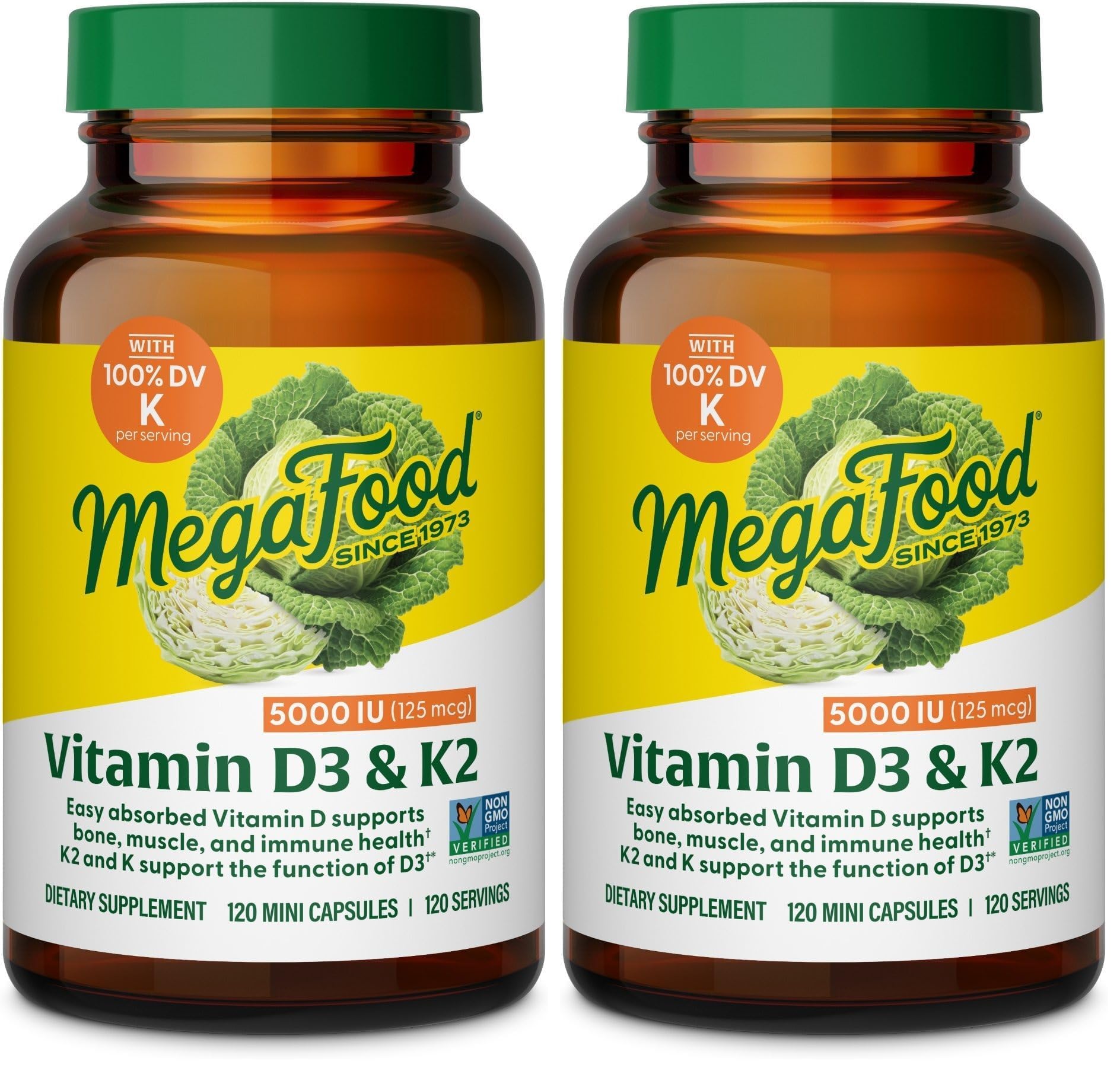 MegaFood Vitamin D3 5000 IU (125 mcg) - Vegetarian Supplements with Vitamin D3 K2 - Supports Bones, Teeth, Muscles & Immune Health - Certified Non-GMO - 120 Mini Capsules, 120 Servings (Pack of 2) 120 Count (Pack of 2)
