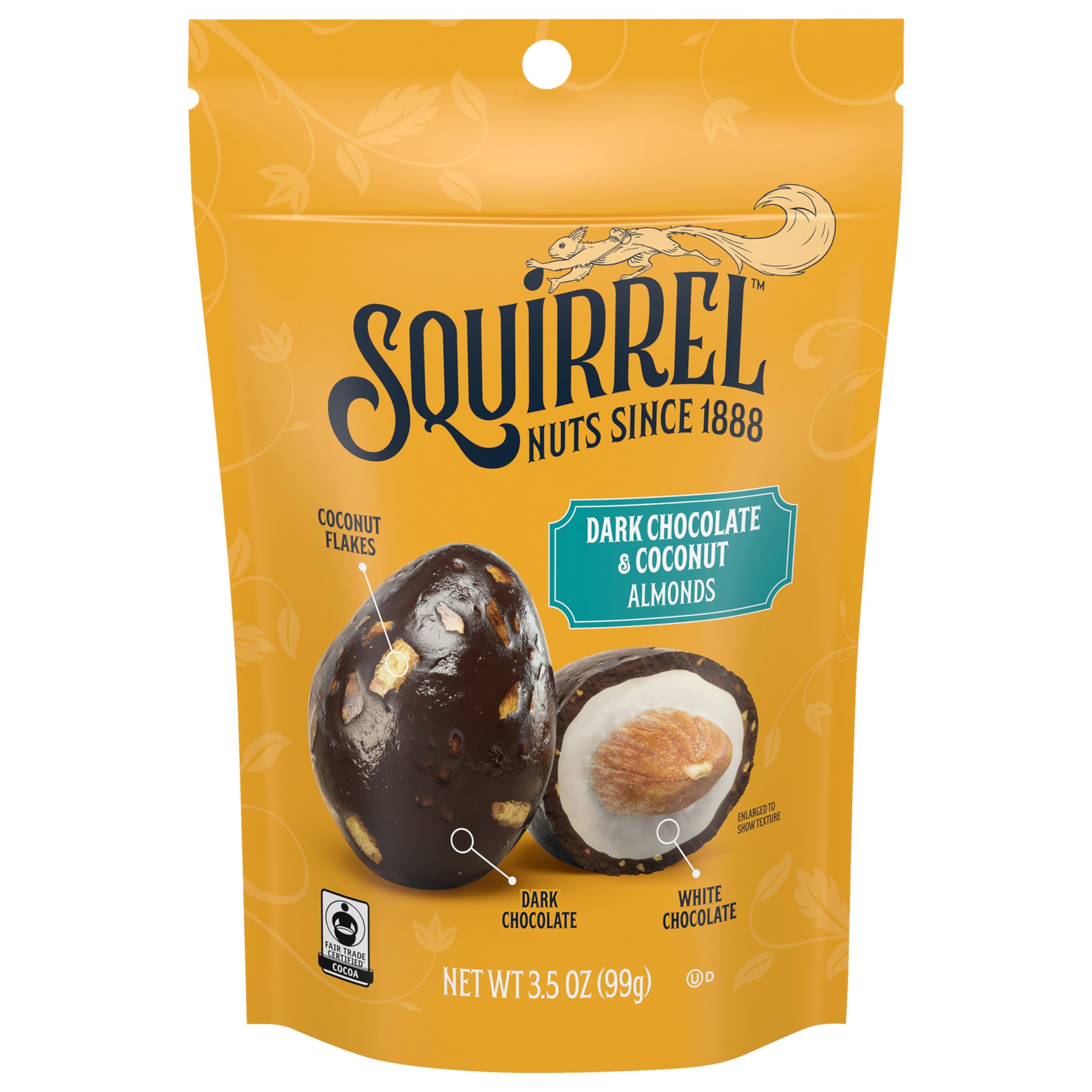 Squirrel Brand Dark Chocolate & Coconut Almonds, 3.5 Ounces, Resealable Bag, Gluten Free, Kosher, Snacks for Adults and Kids, California Almonds, Fair Trade Certified Cocoa