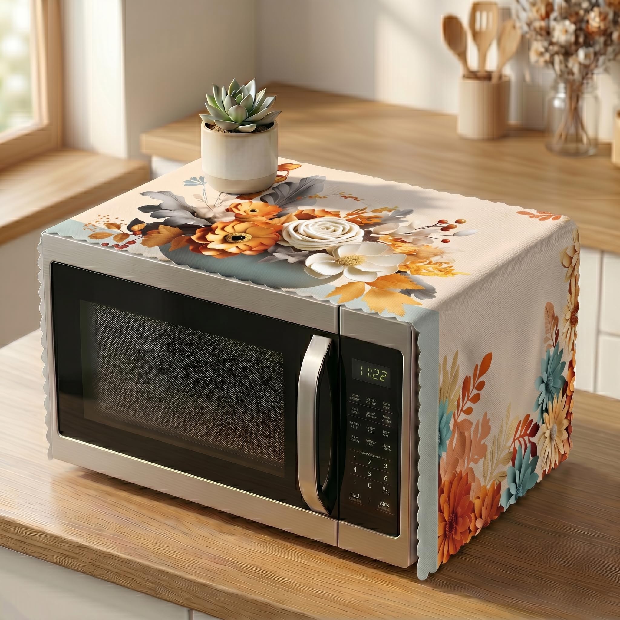 NABAAT Printed Microwave Oven Cover Top for Kitchen Decor Durable Dustproof Waterproof Modern Design with Pemium Border Cutting, OTG Cover - 39” x 14” (Orange Floral)-image-20