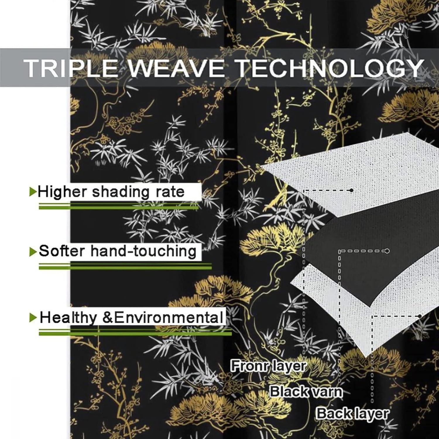 Cool Japanese Curtains - Modern Black Gold Japanese Chinese Pine Pattern Window Drapes Room Darkening Blackout Curtains Thermal Insulated Grommet Curtains for Bedroom 2 Panels 63L x 27.5W