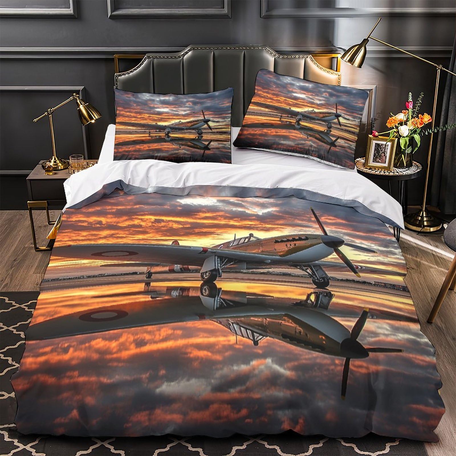 YVASPQRTW vintage plane 3D Pattern Duvet Cover 3pc Premium Microfibre Concealed aircraft sunset scene Duvet Cover 2 Pillowcases Lightweight Stain-Resistant Teens Young Adults Single (135x200cm)