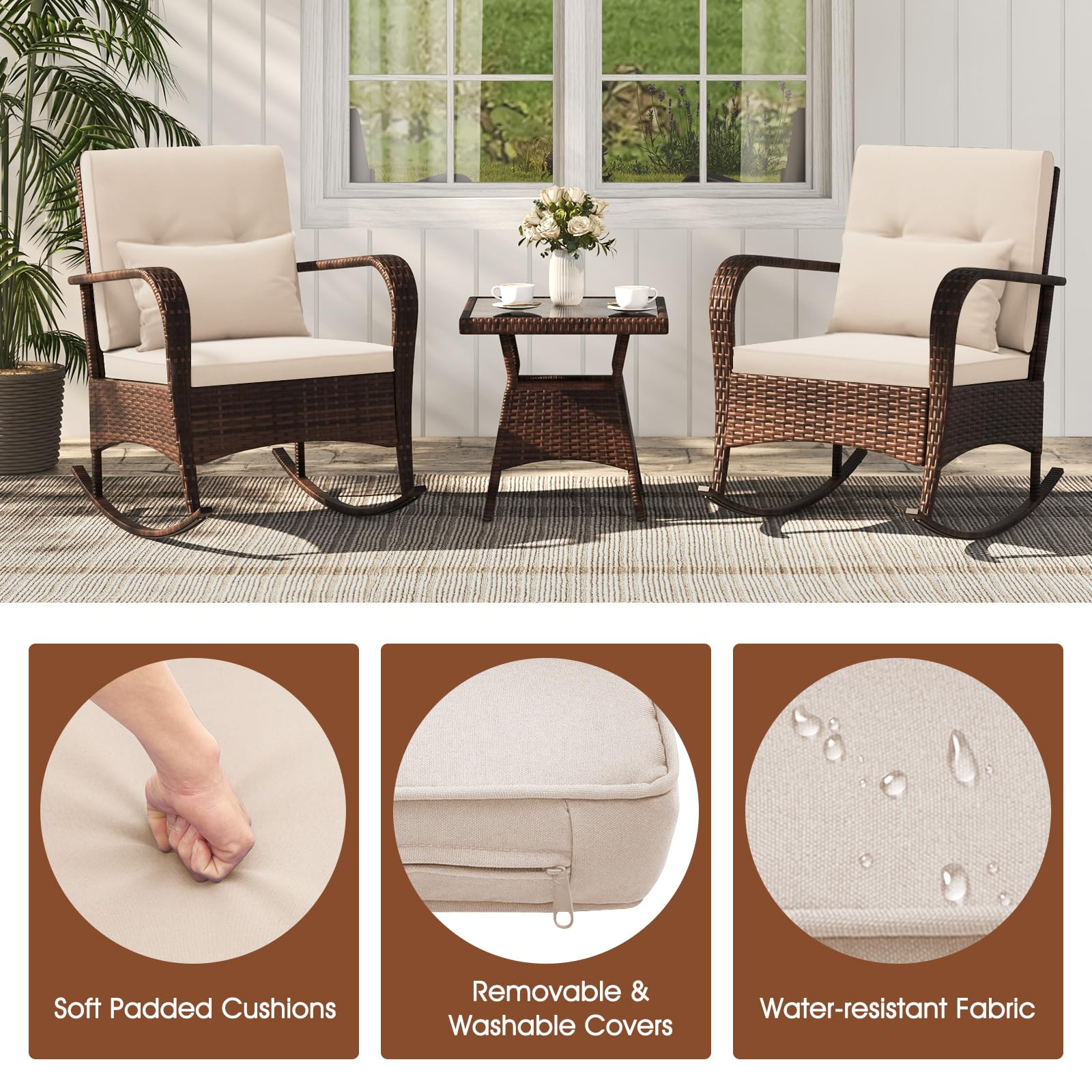GIANTEX Juego de Mecedoras de Jardín de 3 Piezas, Conjunto de Muebles de Ratán PE con Mesa de Vidrio Templado, 2 Sillas Mecedroras y Cojines, Juego de Conversación Exterior para Terraza Patio Piscina