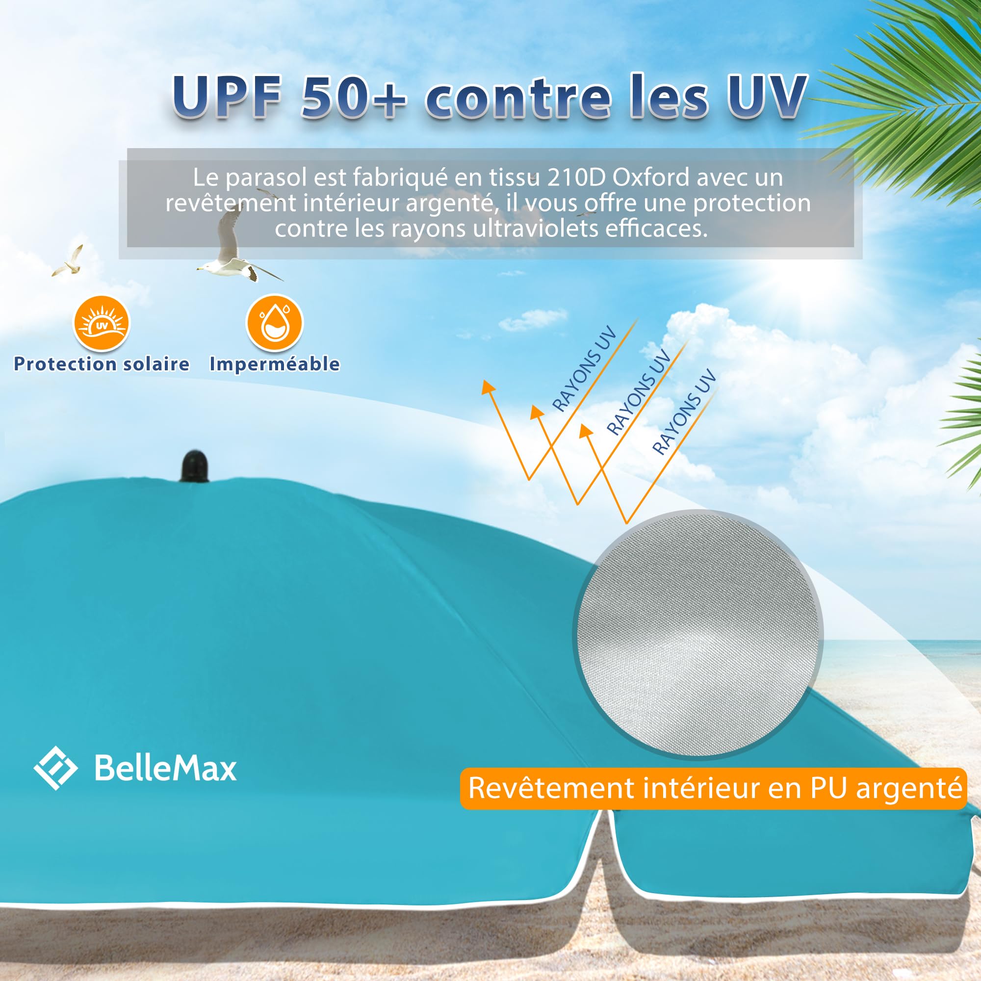 BelleMax Parasol de Plage Exterieur, avec ancre de sable 12 cm & Sac de Parasol, Inclinable sur 30°, Hauteur réglable, pour Balcon, Plage, Terrasse, Protection Solaire UV50 +