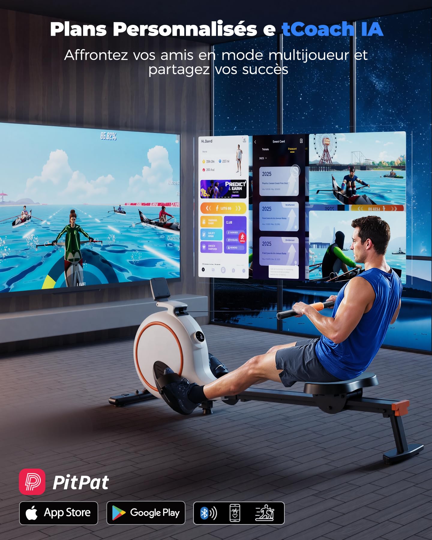 Copant Rameur Magnétique pour Usage Domestique, 32 Niveaux de Résistance, Max 136KG, Rameur Cardio APP Contrôle, avec Support de Tablette et Écran LCD
