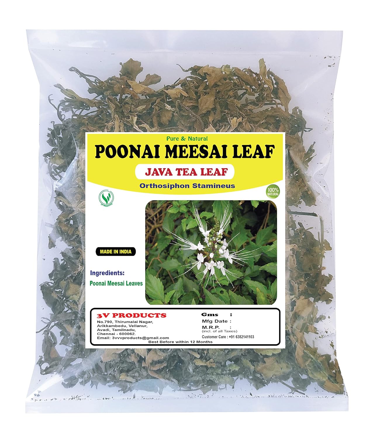 3V PRODUCTS Dried Poonai Meesai 100g (Raw) Orthosiphon Stamineus Java