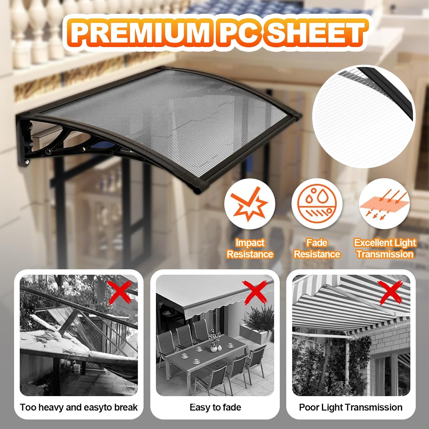 Door Awning Exterior - Built-in Drainage System, Double-Panel Polycarbonate Design, UV/Rain/Snow Protection, Sturdy Outdoor Awning for House Porch, Patio & Deck （24x71in/60x180cm,Transparent）