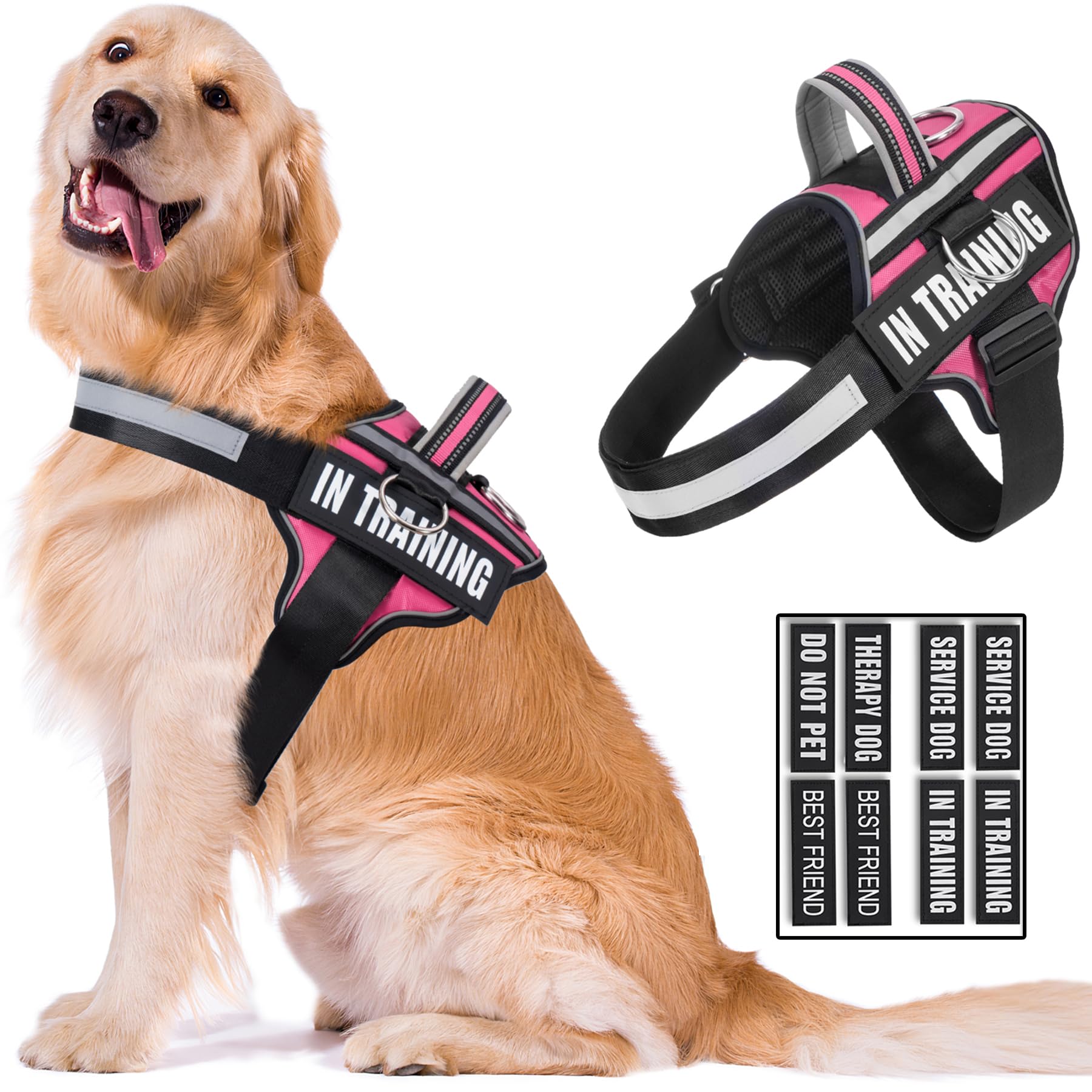 Reflective Dog Harness, Anti-Slip No Pull Dog Vest Harness with 8Pcs Dog Patches, Adjustable In Training Service Pet Harness for All Breeds, 3 Ring No-Choke Pet Oxford Vest for Small Medium Large Dogs