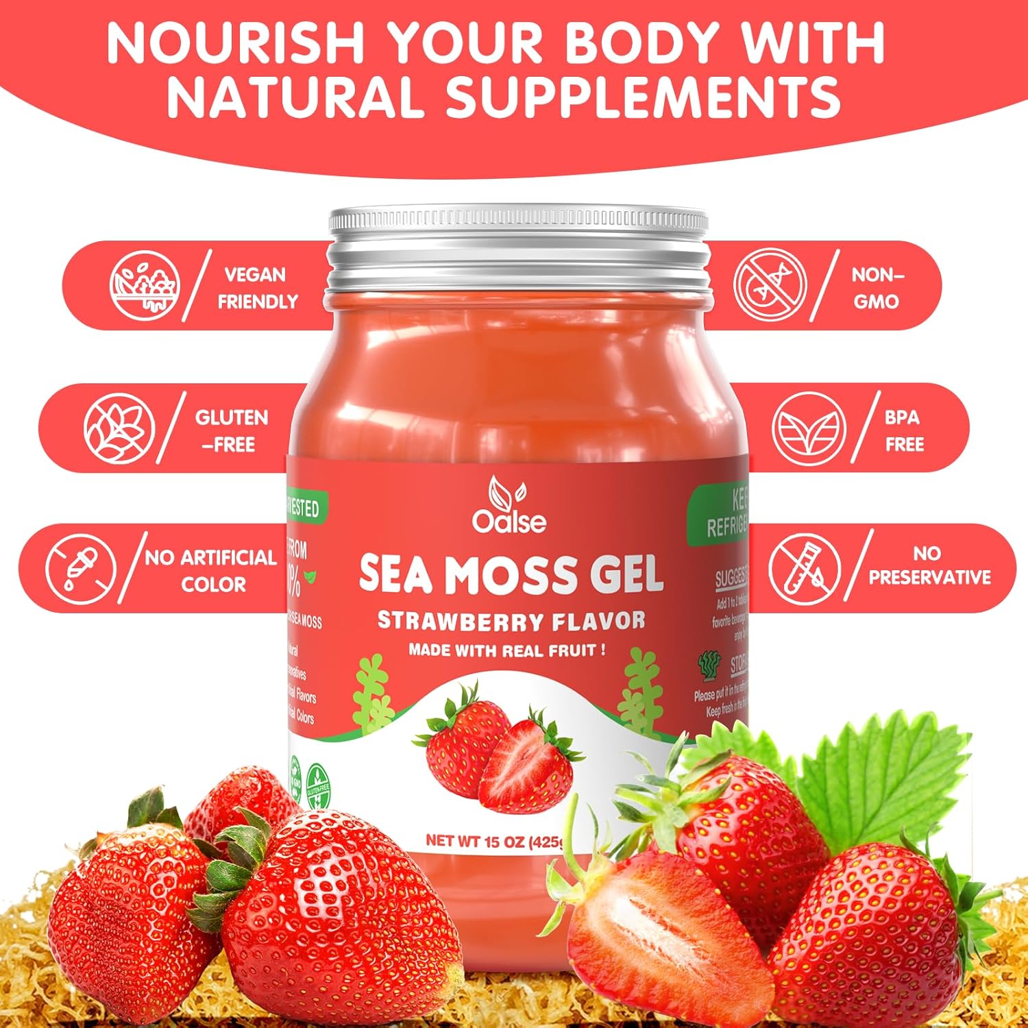 15 OZ Sea Moss Gel- Natural Wildcrafted Irish Seamoss Gel with 92 Minerals and Vitamins - Non-GMO, Gluten-Free, Vegan - Immune Defense Thyroid Digestive Support (Strawberry)