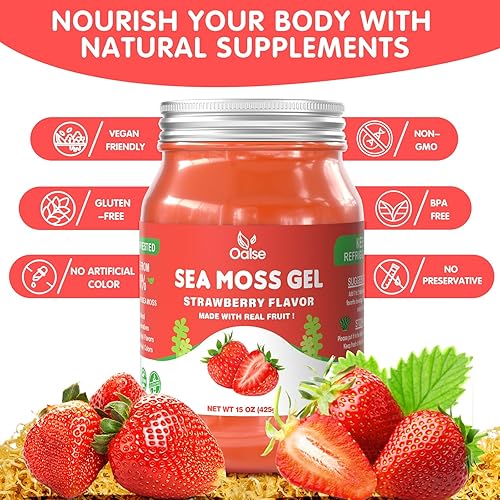 Miniatura 2 de OALSE Gel orgánico de musgo marino de 28 onzas con sabor a fresa, gel natural de masa marina con 92 minerales y vitaminas, sin OMG, sin gluten,