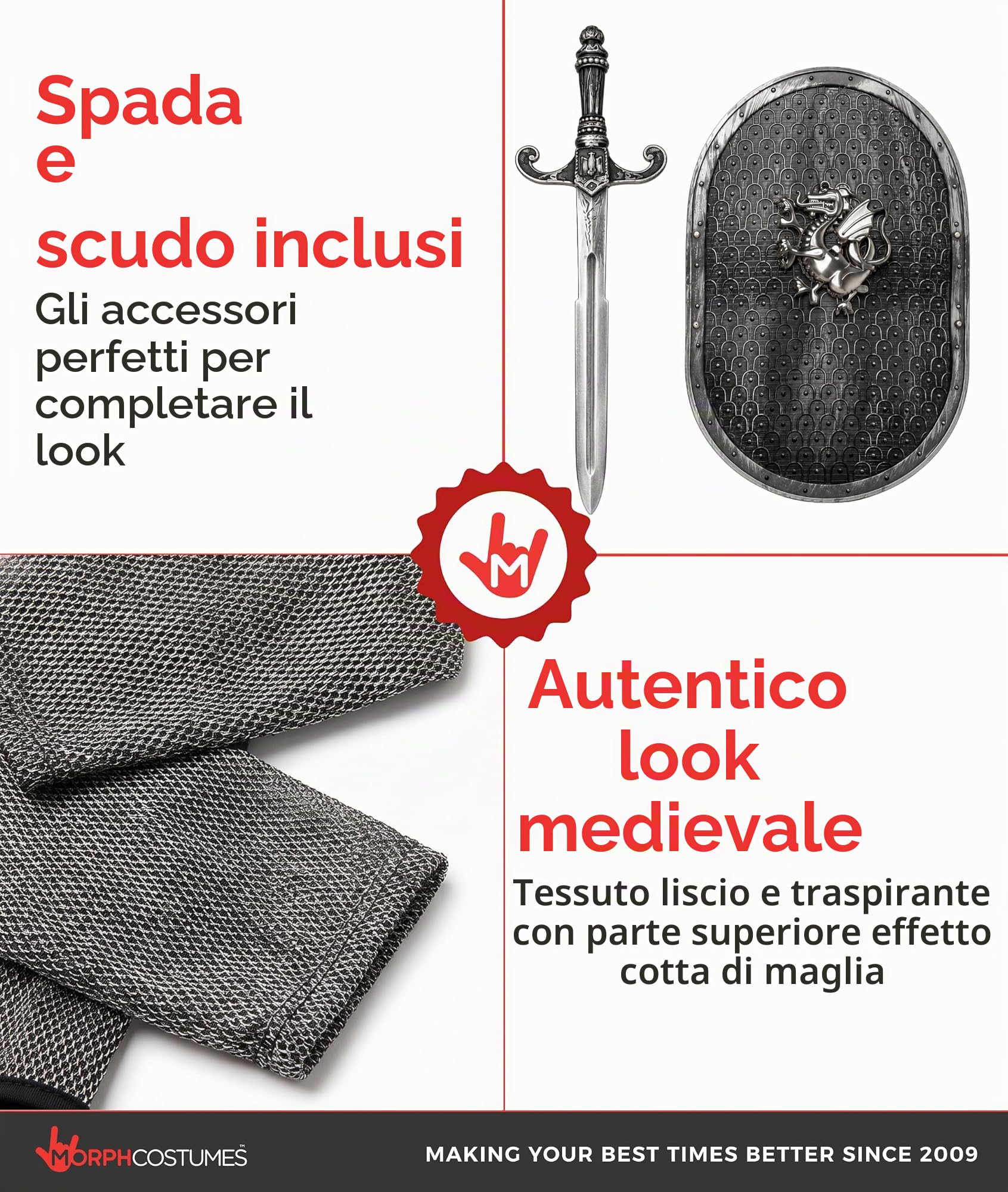 Morph Costume Cavaliere Bambino, Costume Medievale Halloween Bambino, M | Felpa con Cappuccio, Pantaloni, Spada & Scudo, Effetto Cotta di Maglia, Perfetto per Halloween, Ideale per il Gioco di Ruolo