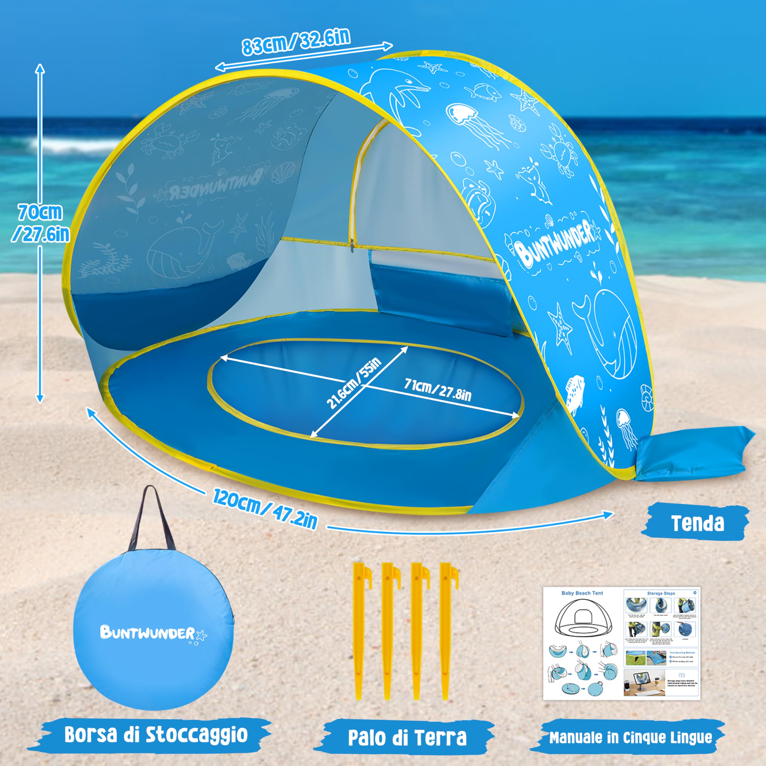 JONRRYIN Tenda da Spiaggia Bambini Pop-Up, Tenda Spiaggia con Mini Piscina, Tenda da Spiaggia Portatile Protezione Solare UPF 50+, Ideale per Viaggio in Spiaggia Campeggio (Blu)