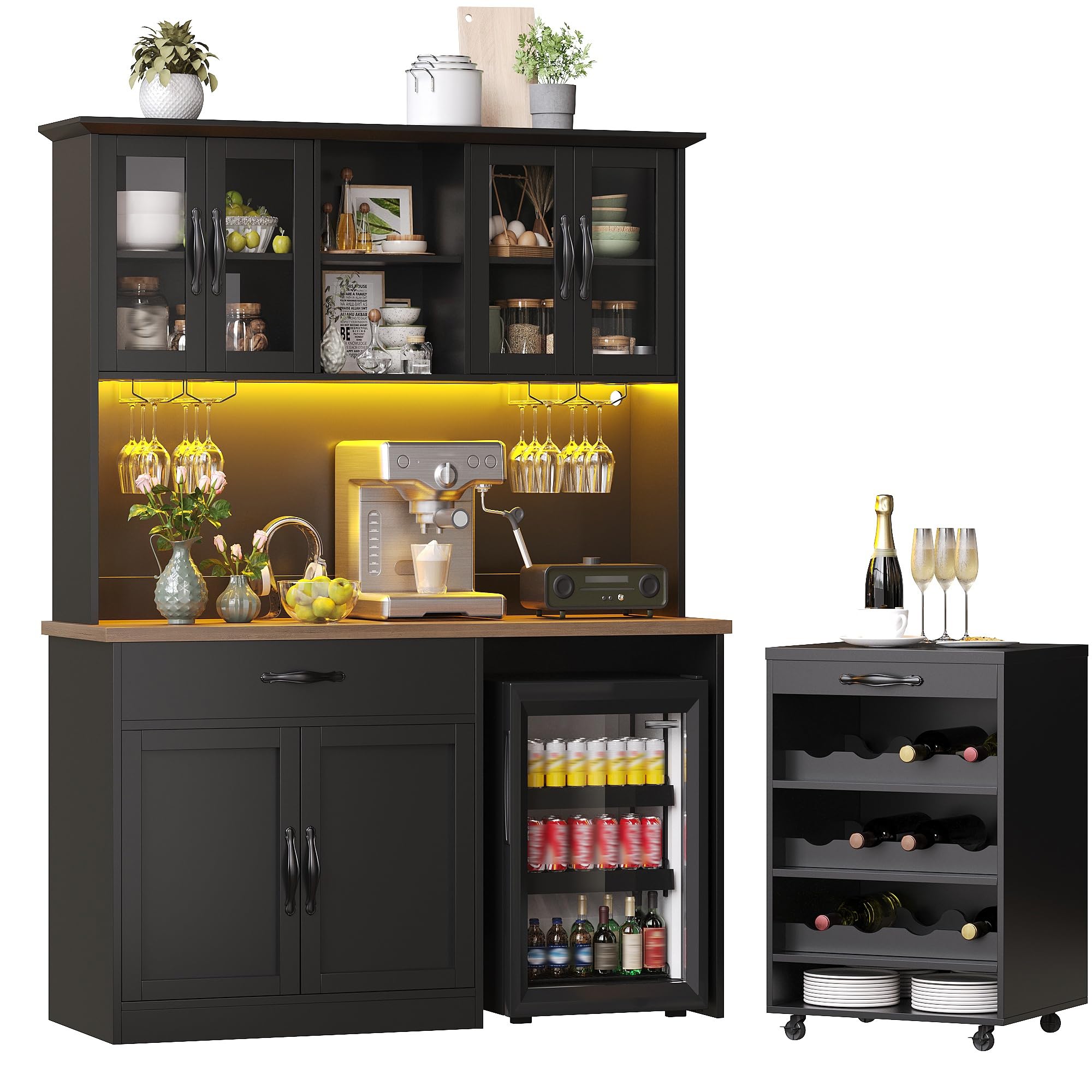 140cm Küchenschrank Schwarz mit Rollwagen, Hochschrank mit LED-Beleuchtung, Pantryschrank mit Weinglasregal & Weinregal, Beleuchteter Sideboard Schrank für Wohnzimmer, Esszimmer